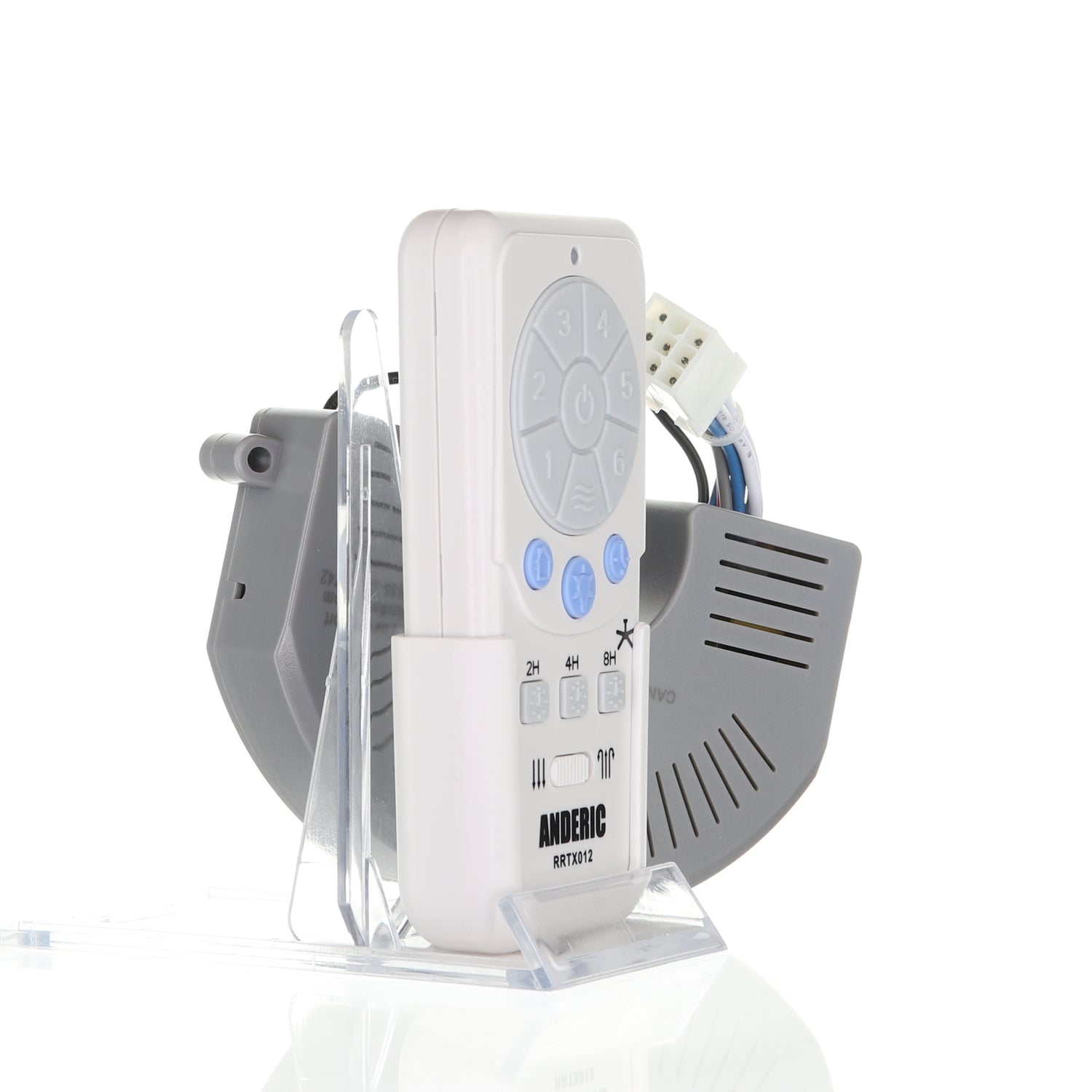 The Anderic RRTX012/FD40-H02R Ceiling Fan Remote Control Kit, compatible with the Harbor Breeze receiver, features a circular file attachment and number buttons with icons elegantly displayed on a transparent stand.