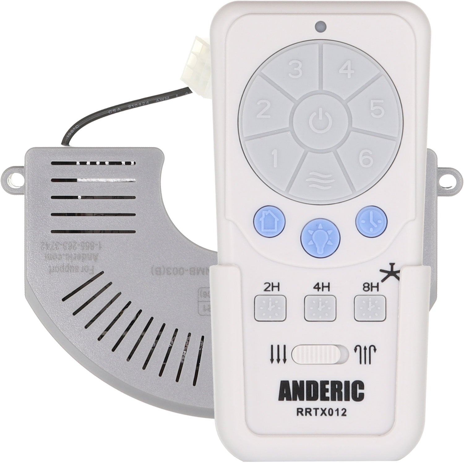 The Anderic RRTX012/FD40-H02R Ceiling Fan Remote Control Kit features power and timer buttons, along with a curved, vented attachment with wire. Designed for the Harbor Breeze fan receiver kit, it enhances functionality with ease and precision.