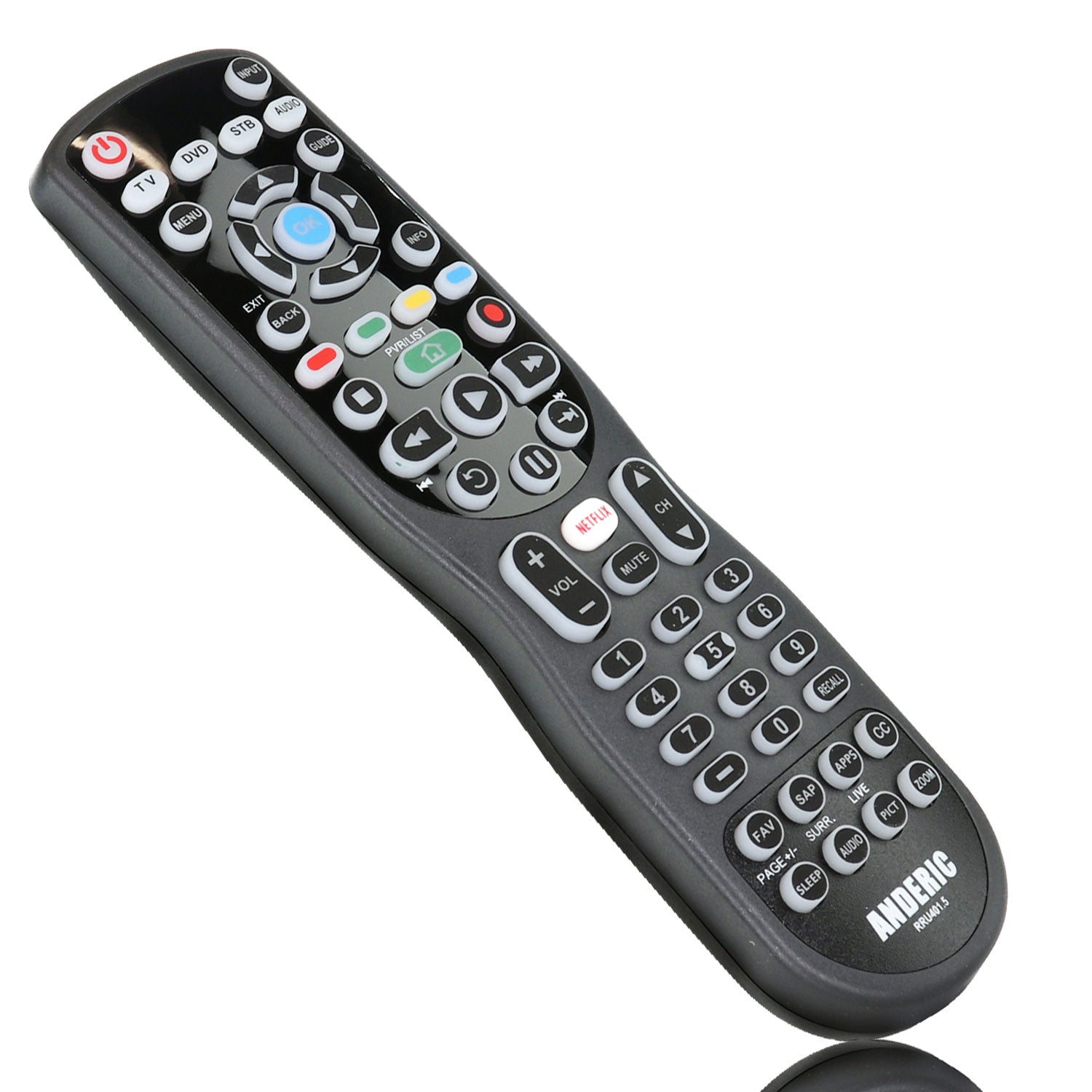 The Anderic RRU401.6 4-Device Universal Remote in sleek black offers versatile buttons for TV, DVD, volume, channel selection, and numbers, enhanced with macro and learning smart functionality.