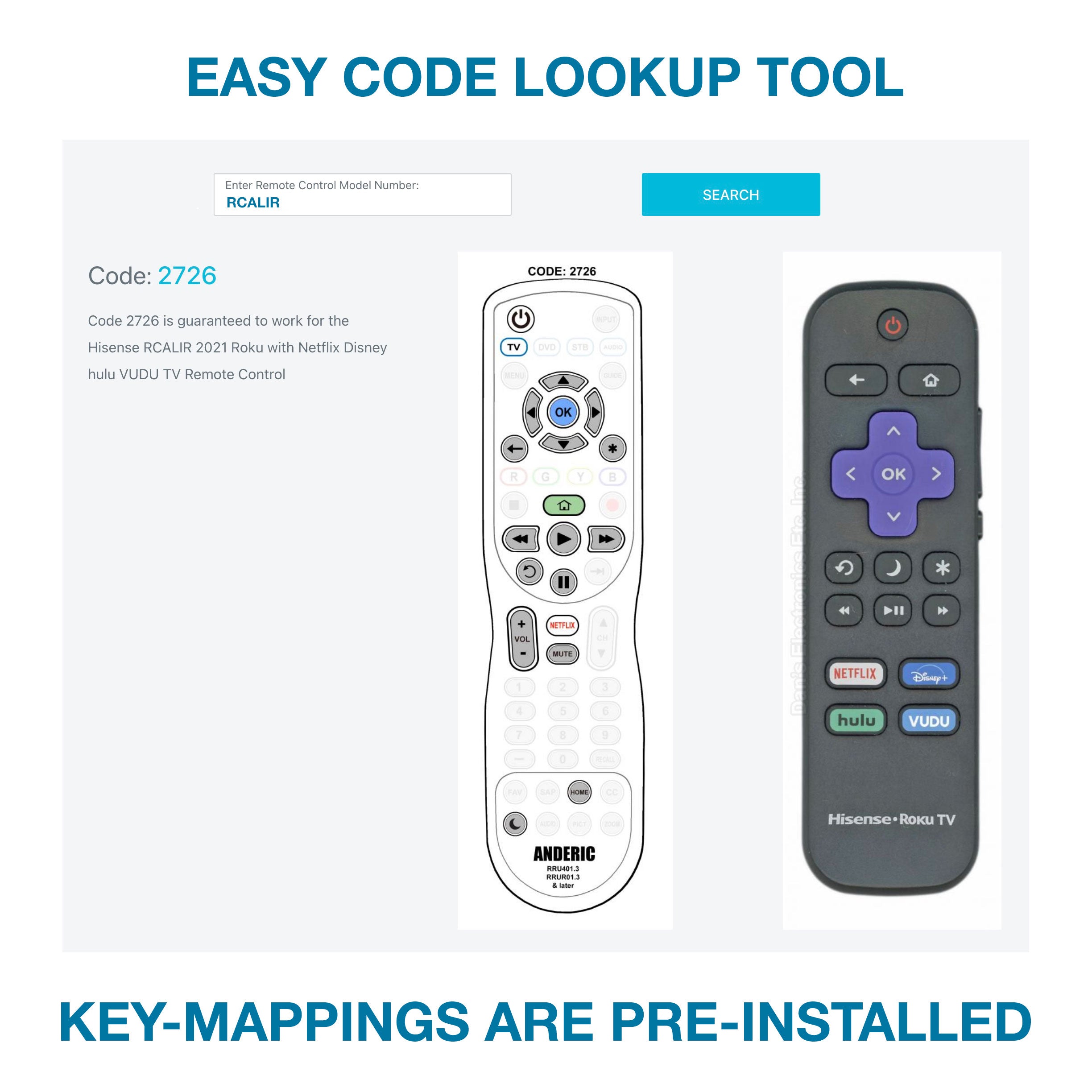 Image of two TV remotes with a code lookup tool highlighting "Code: 2726." Compatible with Hisense-Roku TV, the Anderic RRU401.6 features smart functionality and serves as a 4-device universal remote, capable of both macro functions and learning capabilities.