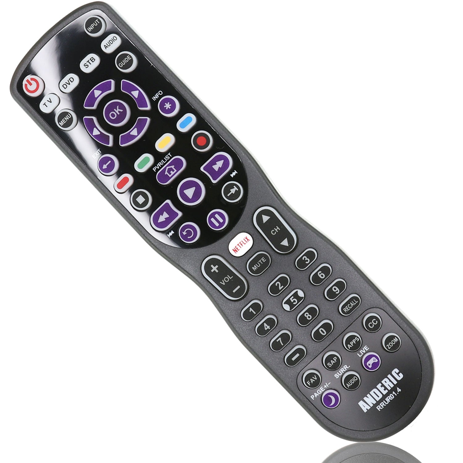 Control Remoto Universal Anderic RRUR01.8 de 4 Dispositivos para Reproductores de Streaming Roku y Televisores Roku con Retroiluminación, Aprendizaje y Macro