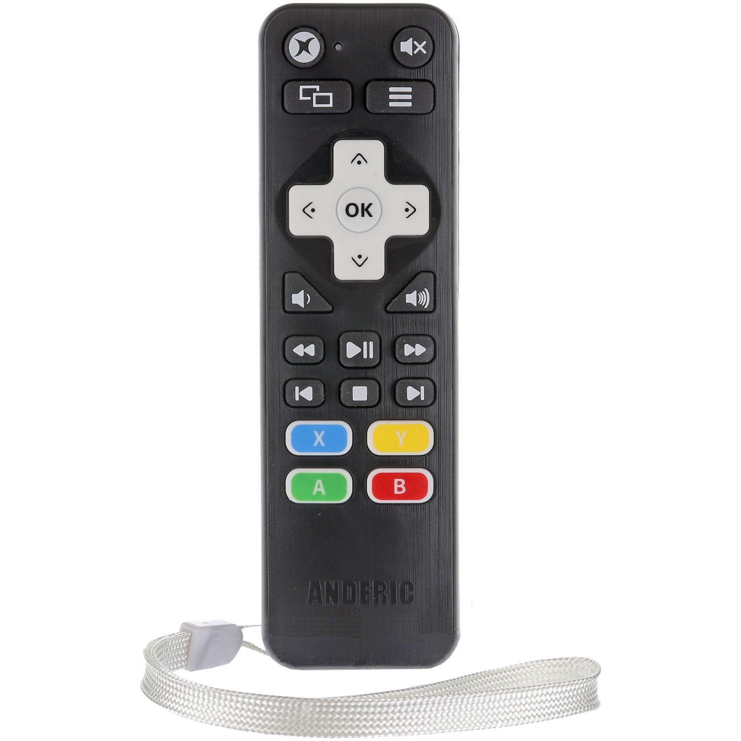 The Anderic RRXB01 Media Remote Control for Xbox One features a sleek black design with navigation arrows, Y, X, B, A buttons in color, and a wrist strap. It is preprogrammed for seamless compatibility with LG/Vizio TVs to enhance your media experience.