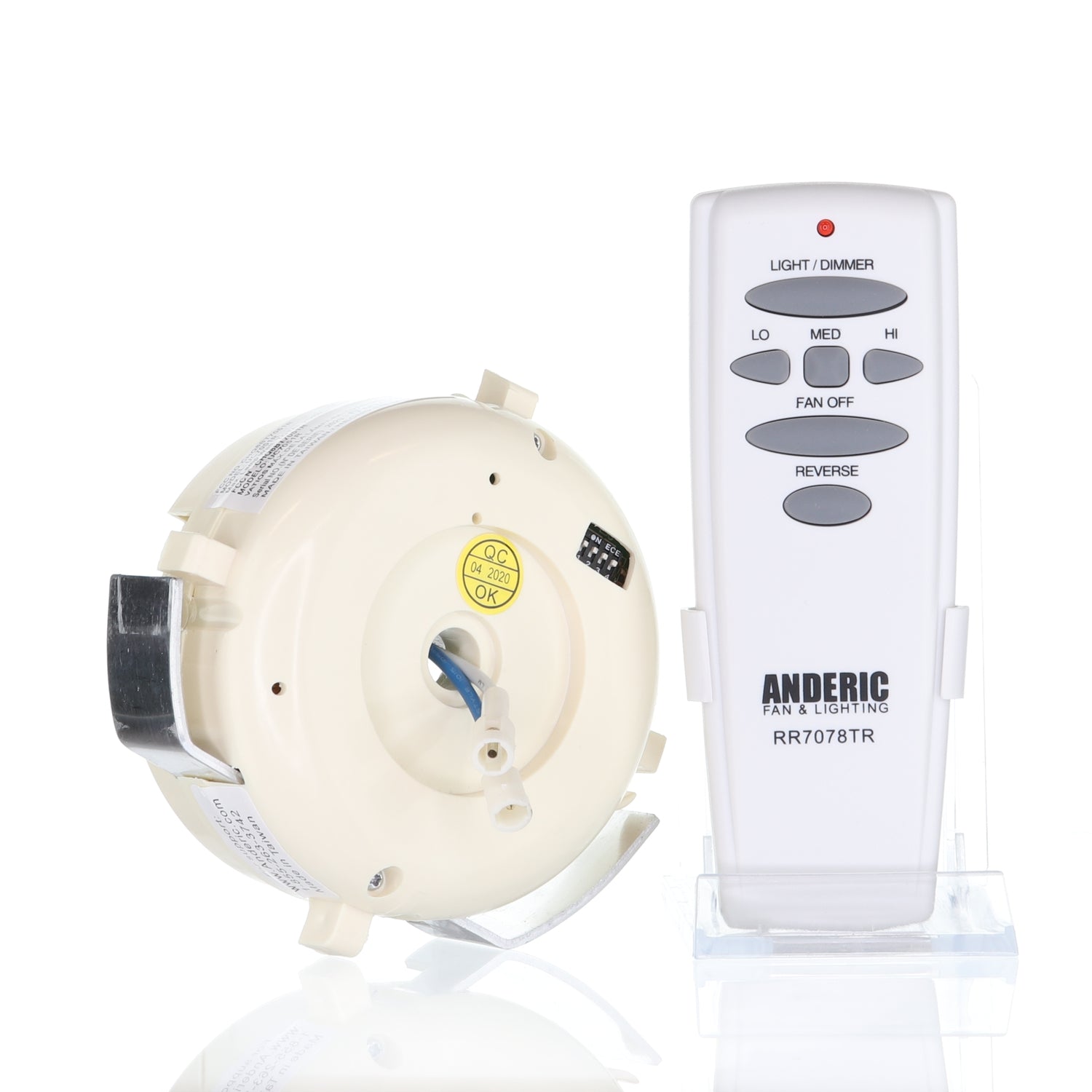 The Anderic RR7078TR/UC7051R Replacement Ceiling Fan Kit, compatible with Hampton Bay fans, includes a white wall mount and features buttons for three speed settings, light dimming, and reverse function. It pairs seamlessly with the UC7051RKIT for intuitive operation.