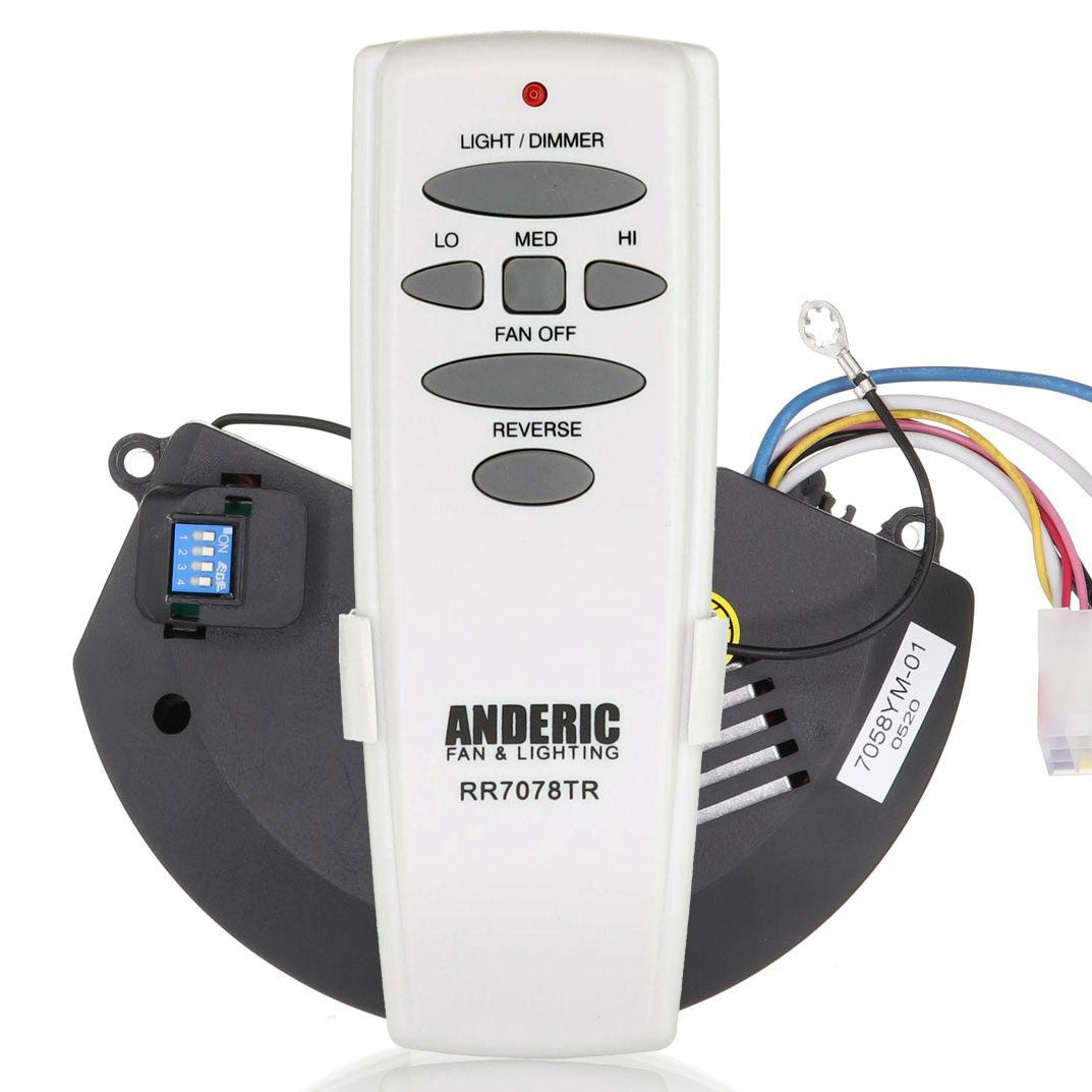 The Anderic UC7058RY Receiver with RR7078TR Remote Replacement Ceiling Fan Remote Control Kit is built for Windward II fans. It includes functions for light dimming, fan speed adjustment, and reverse capability, along with wiring and a blue switch on the receiver for effortless fan control.