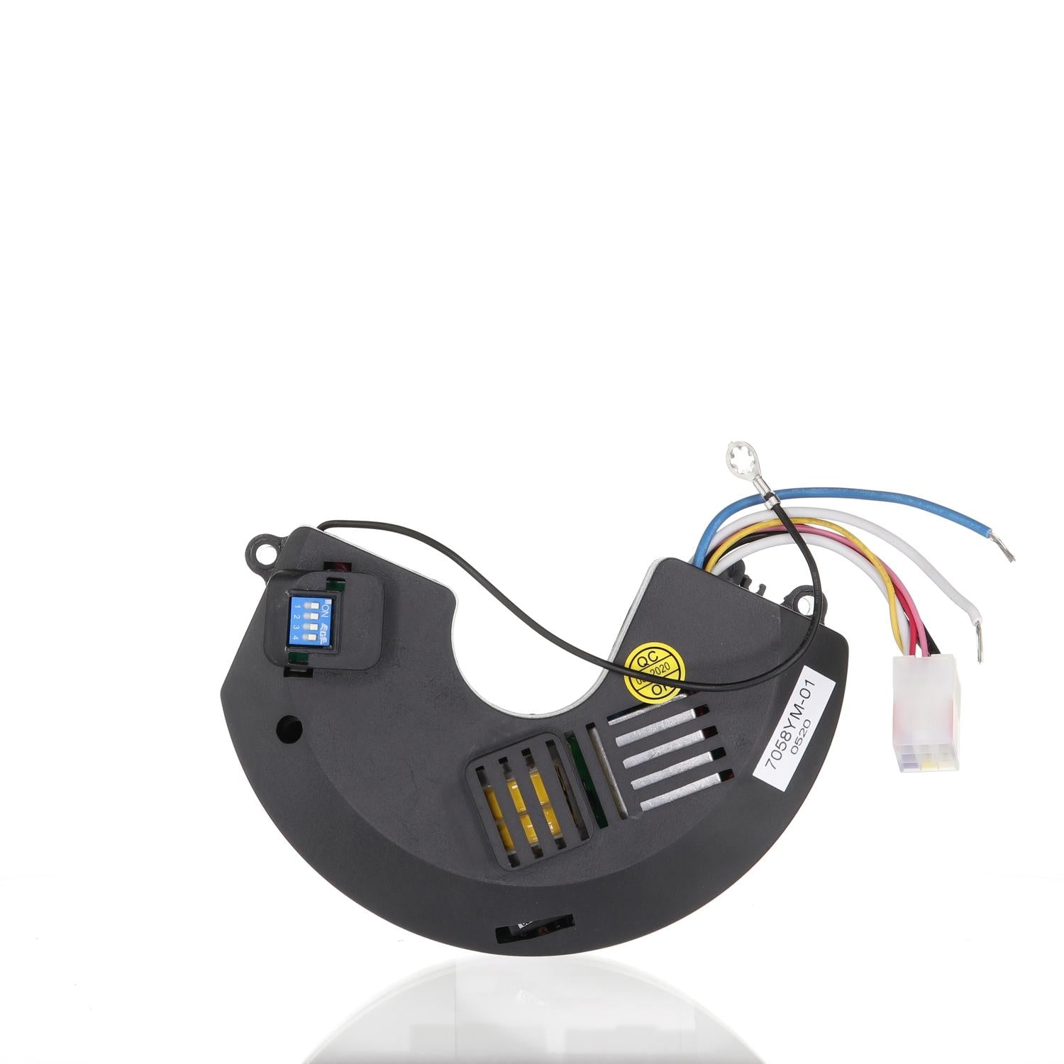 A semi-circular electronic component with multiple wires and connectors on a white background, compatible with the Anderic UC7058RY Receiver and RR7078TR Remote Replacement Kit for Windward II ceiling fans.