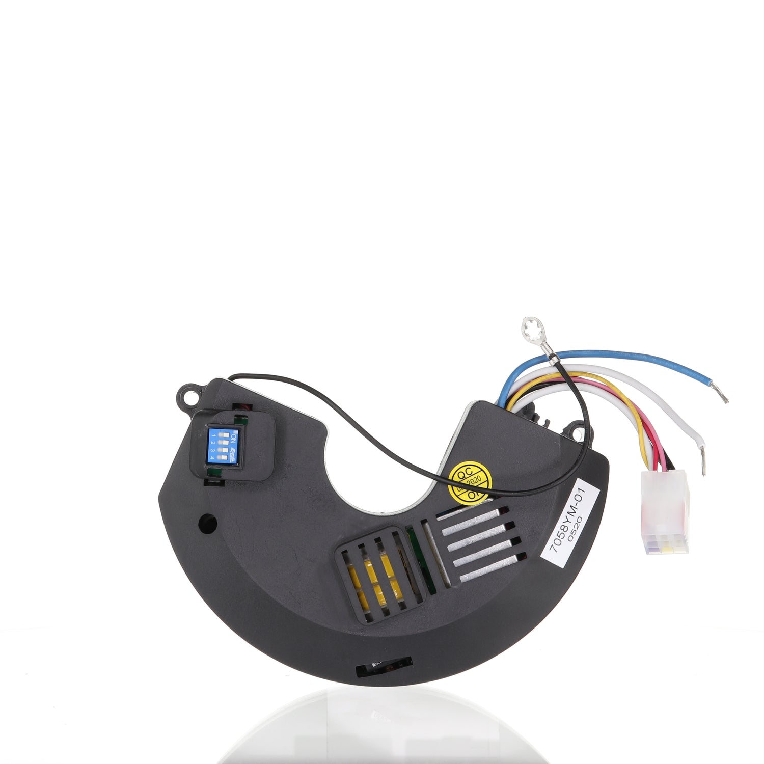 The Anderic UC7058RY/7058YM-01 receiver for Windward II and Brookedale ceiling fans is a black plastic electronic component with colored wires, a connector, and a blue switch, shown on a white background.