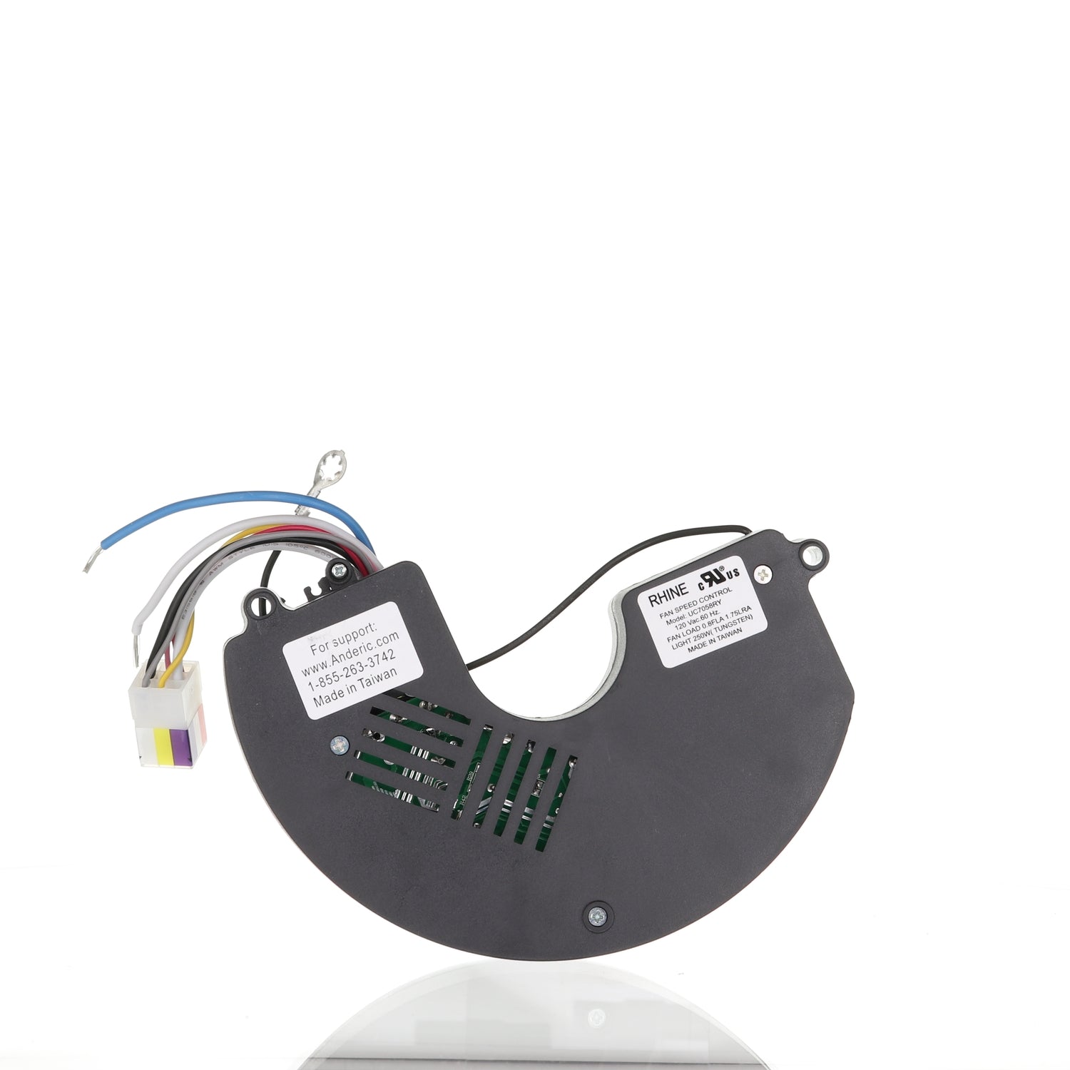 A black semi-circular Anderic UC7058RY/7058YM-01 receiver with colored wires and labels, ideal for Windward II or Brookedale ceiling fans—perfect for pairing with the UC7058RY model. Shown against a white background.