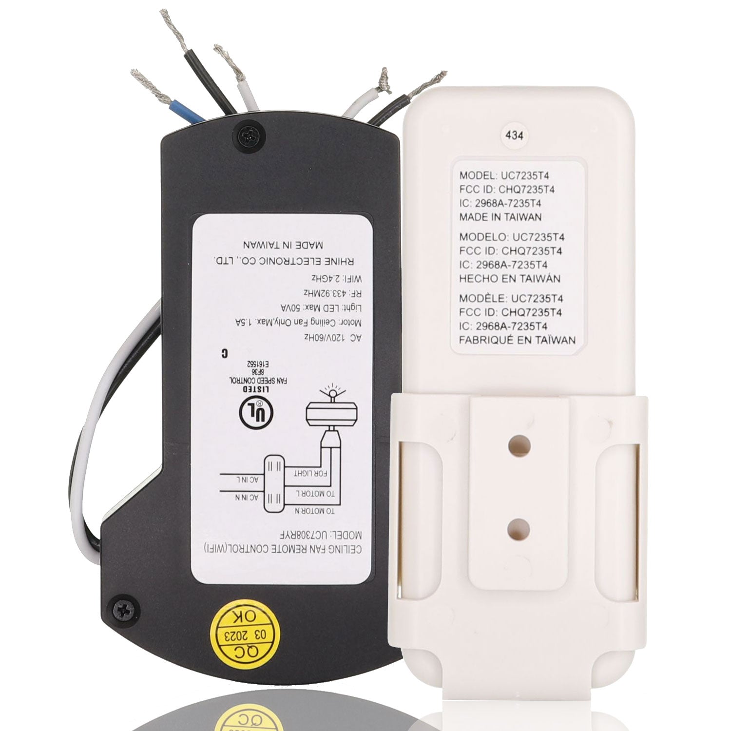 The Anderic Universal Smart WIFI Ceiling Fan Receiver & Remote Control Kit (UC7235T4) features exposed wires and model info on labels, supports Google Home and Alexa for seamless voice control, and is made in Taiwan.