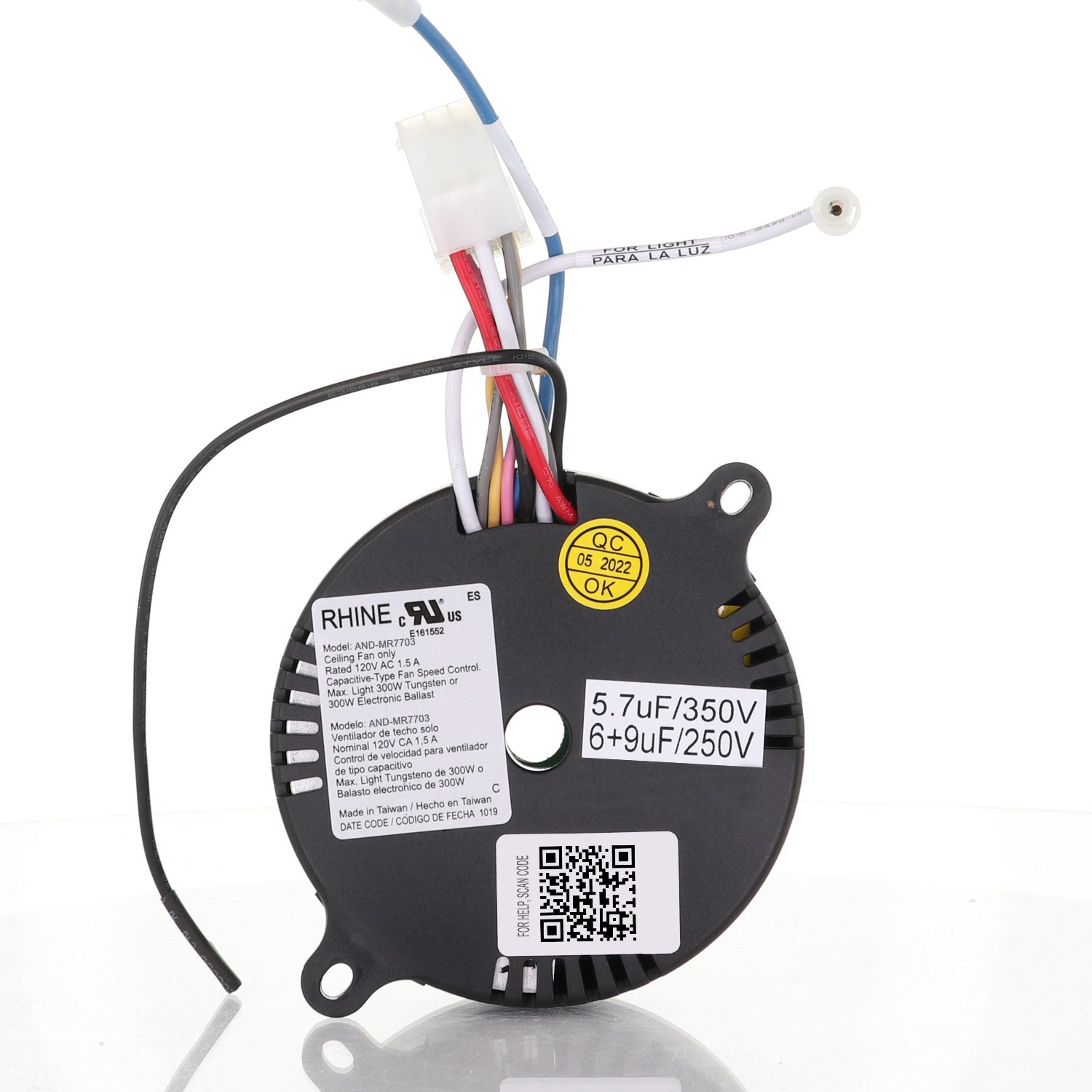 The Andersic MR7703 ceiling fan receiver, ideal for the Altura Ceiling Fan, features multiple wires, a "RHINE" label with specs like "5.7uF/350V" and "6+9uF/250V," a QR code, and clear plastic connector for effortless plug-and-play installation.