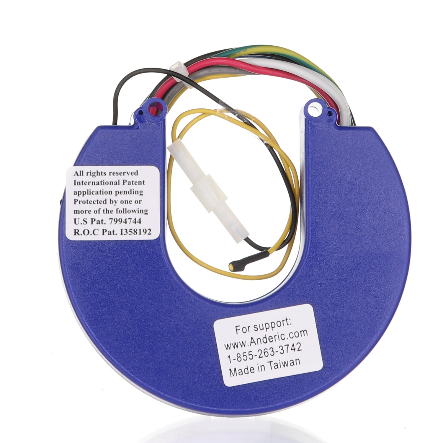 The blue UC786N-37 electronic component for Home Decorators Collection YG493B Kensgrove 64 Inch Ceiling Fans displays patent numbers and contact info. It features multiple wires, a white connector, and offers universal compatibility as a versatile ceiling fan receiver.