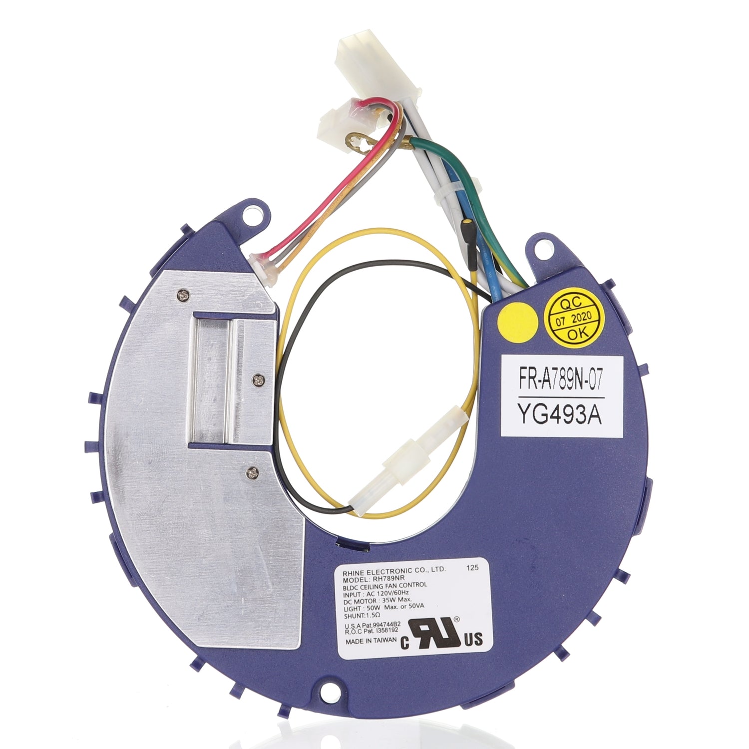 The Anderic UC789N-07, a circular electronic receiver with multicolored wires and a QC sticker, is compatible with the Home Decorators Collection YG493A Kensgrove 54 Inch Ceiling Fan.