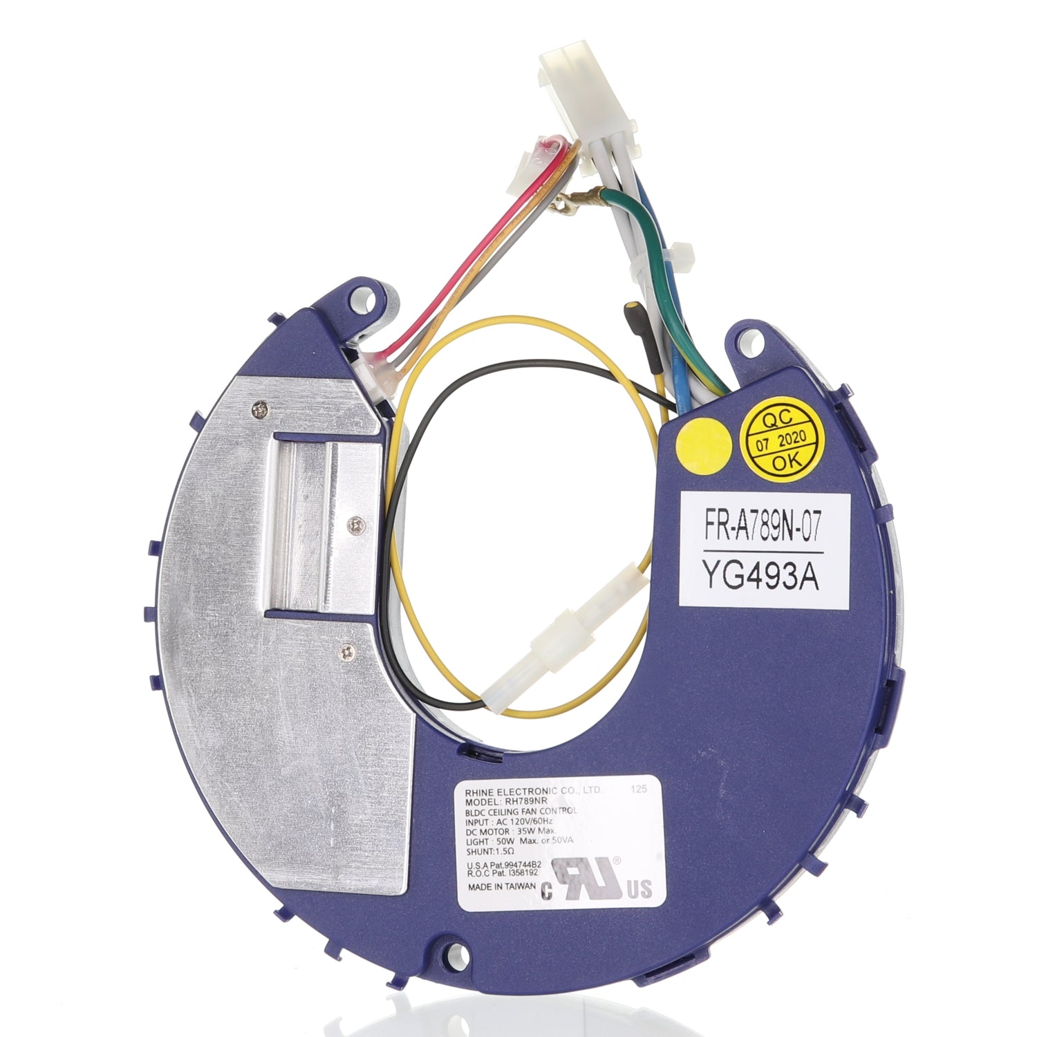 The Anderic UC789N-07 is a blue circular electronic component with wires and connectors for ceiling fan control. It features labels with serial numbers and certification marks, ensuring universal compatibility, especially with Home Decorators Collection YG493A Kensgrove 54 Inch Ceiling Fans.