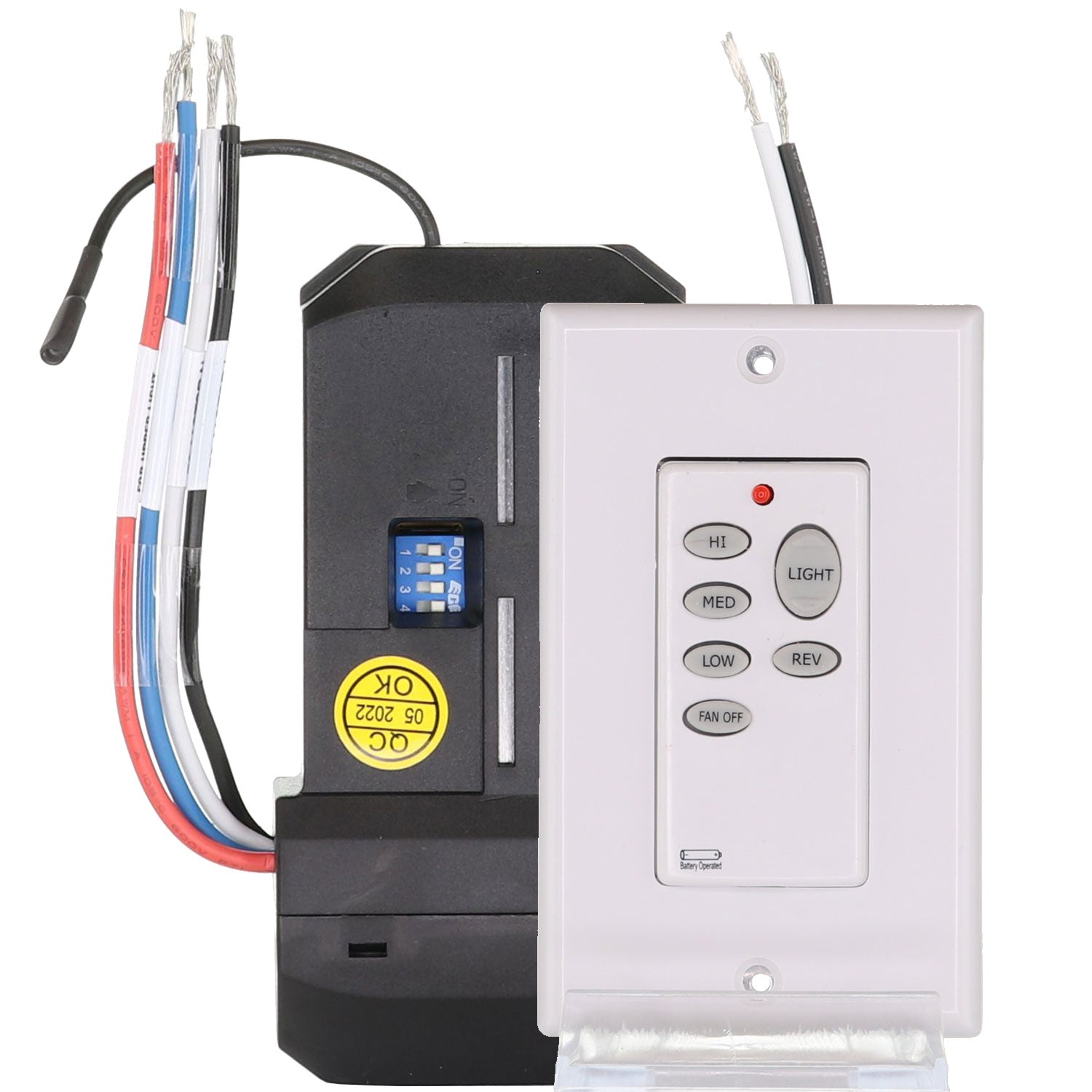 The Anderic UC9051T-UC7067GMRX Wireless Universal 3-Speed Ceiling Fan Remote Control Kit includes a wiring harness and a white wall-mounted remote for fan speed, light, and direction controls.