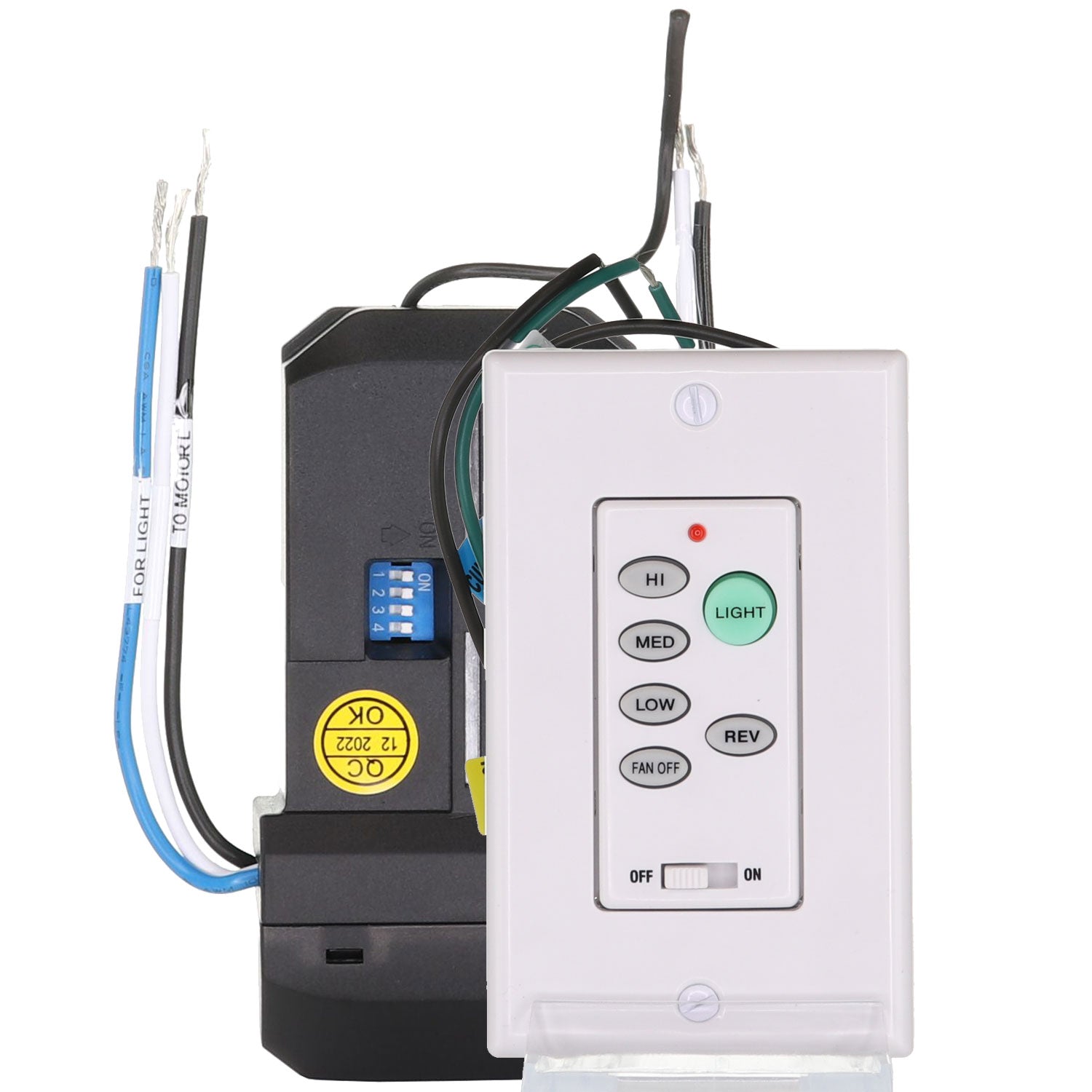 The Anderic UC9051T/UC7067FMRX Ceiling Fan Remote Kit includes a wired controller with buttons for speed (high, medium, low), light control, fan direction, and an on/off switch for seamless AC ceiling fan operation.