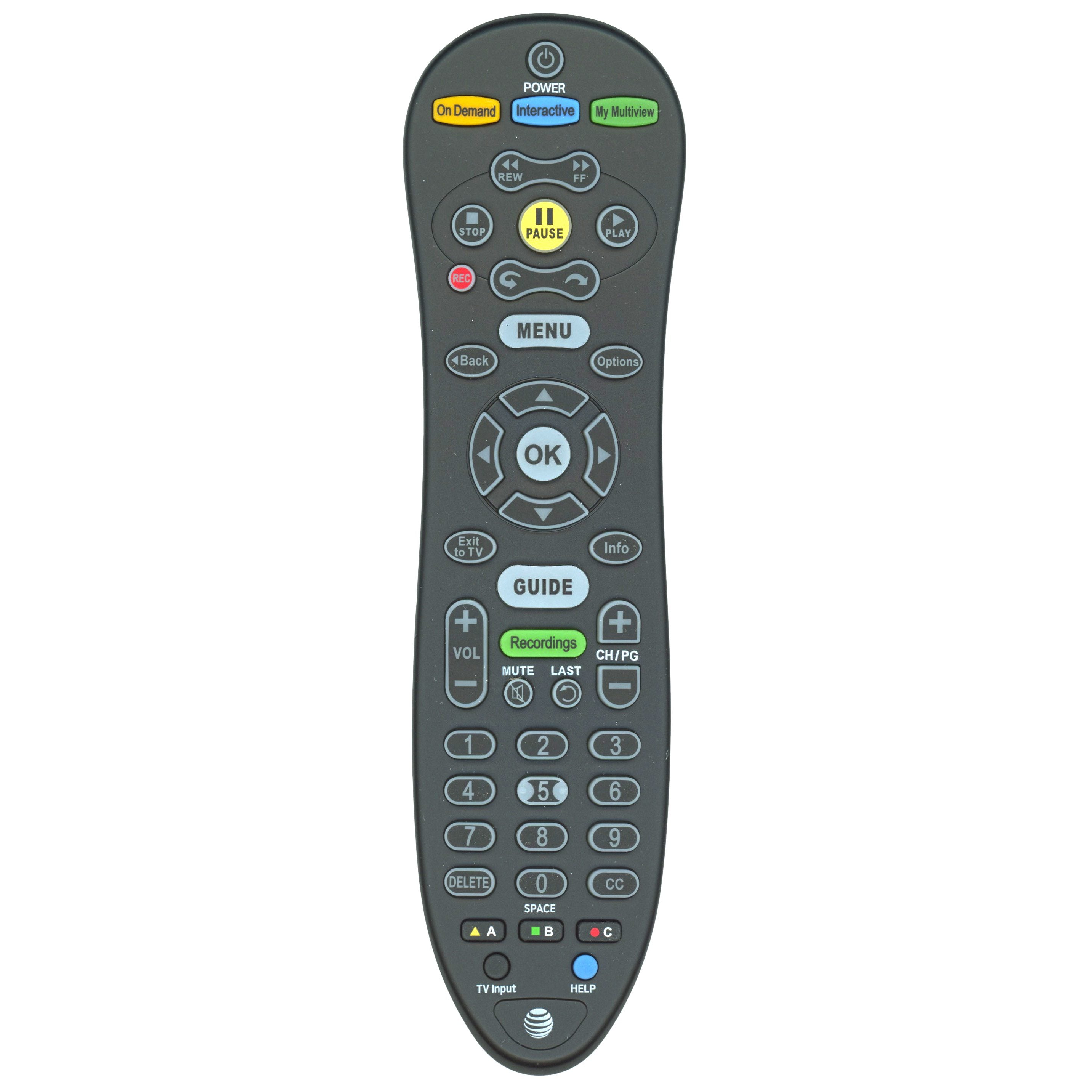 The AT&T S30S1B U-VERSE Cable Remote Control - 5601BC0001R is sleek and black, featuring buttons for power, menu, guide, volume, channel, and DVR functions. It's perfect for On Demand content and interactive services.