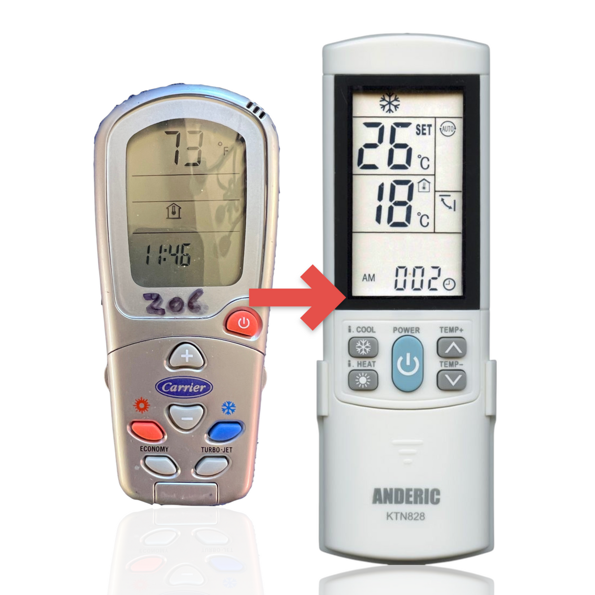 Anderic KTN828 universal remote for Carrier air conditioners with backlit LCD screen and numeric code display