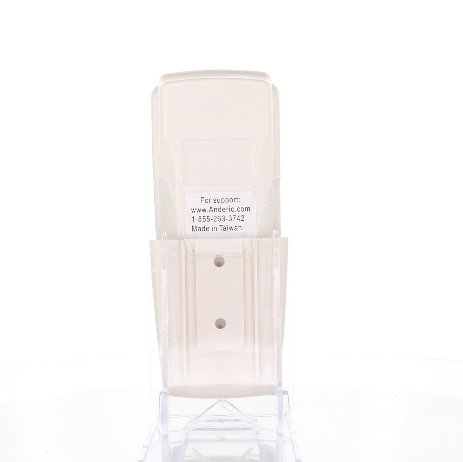 A back view of the Anderic CHQ8BT7098T remote control for Harbor Breeze Ceiling Fans, shown in a clear stand with contact information for support.