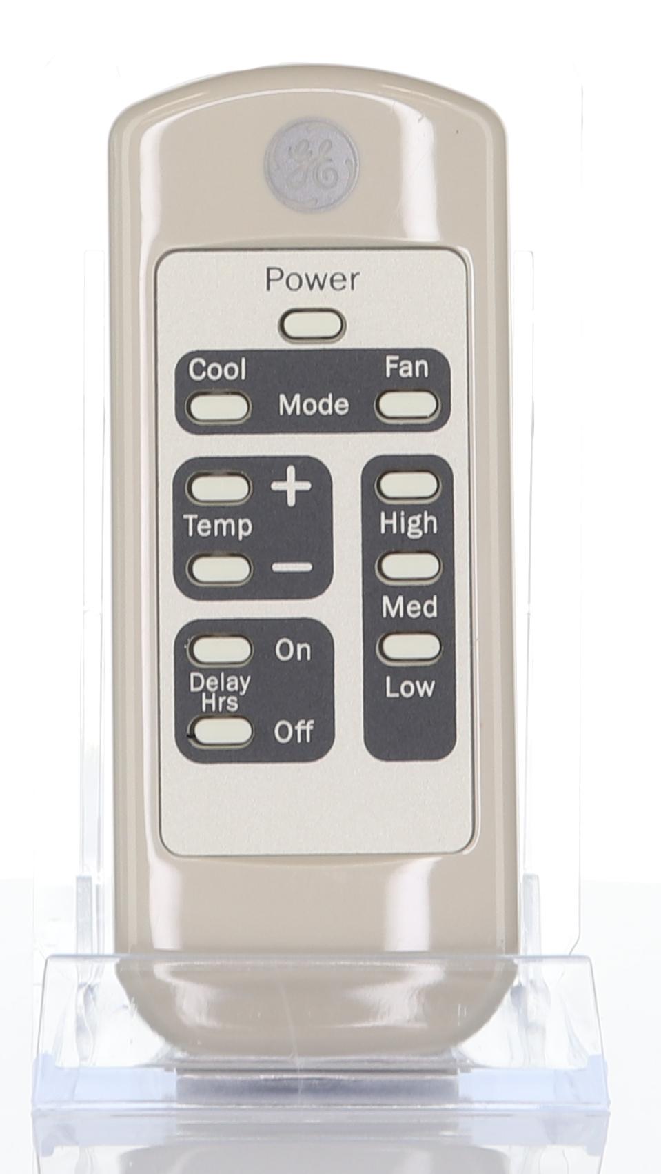 Beige GE General Electric WJ26X21700 Air Conditioner Remote Control, replaces WJ26X21700, with buttons for power, cool, mode, fan speed, temperature adjustment (high/medium/low), delay hours, on, and off.