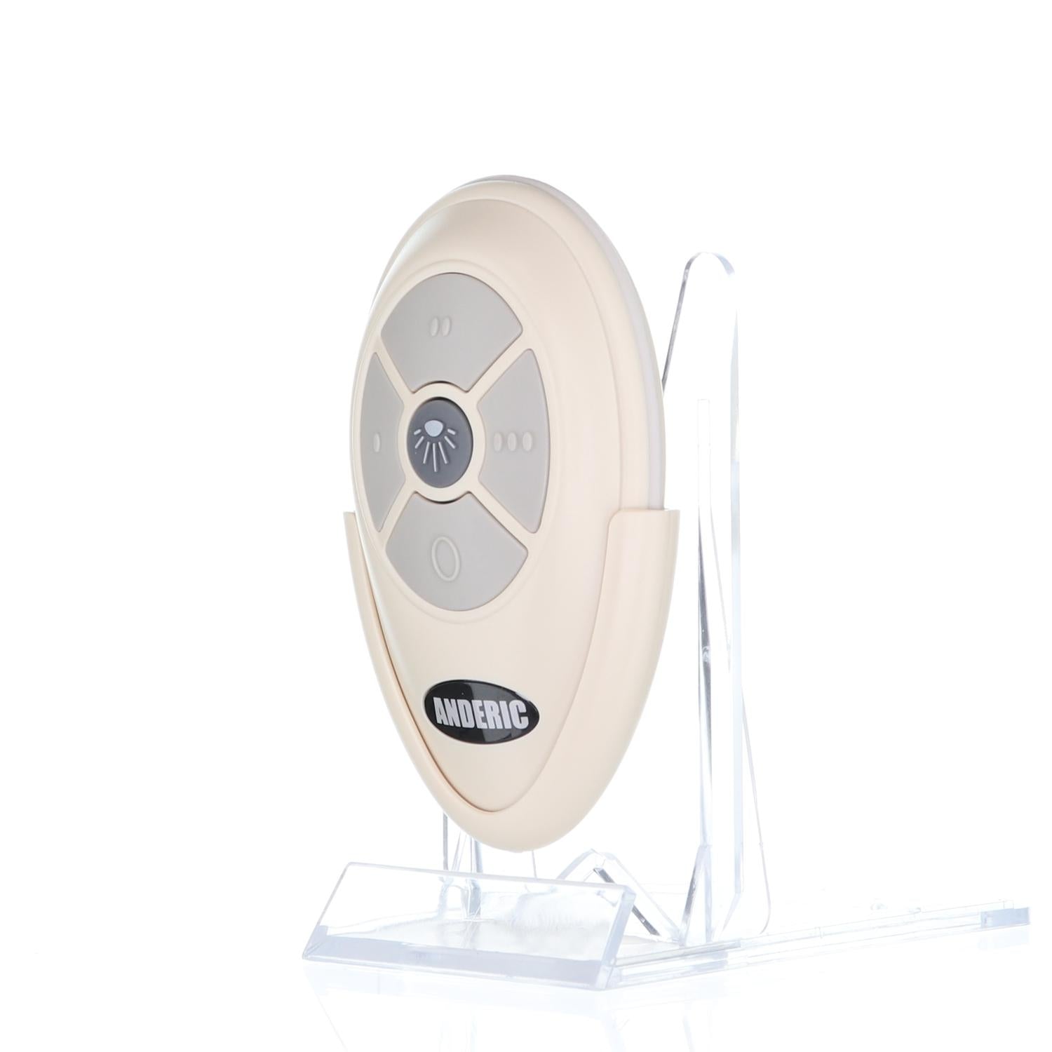 The beige, round "Anderic RRTX007 for A25-TX007 Harbor Breeze Ceiling Fan Remote Control" is showcased on a clear stand, resembling the Harbor Breeze A25-TX007(R1).