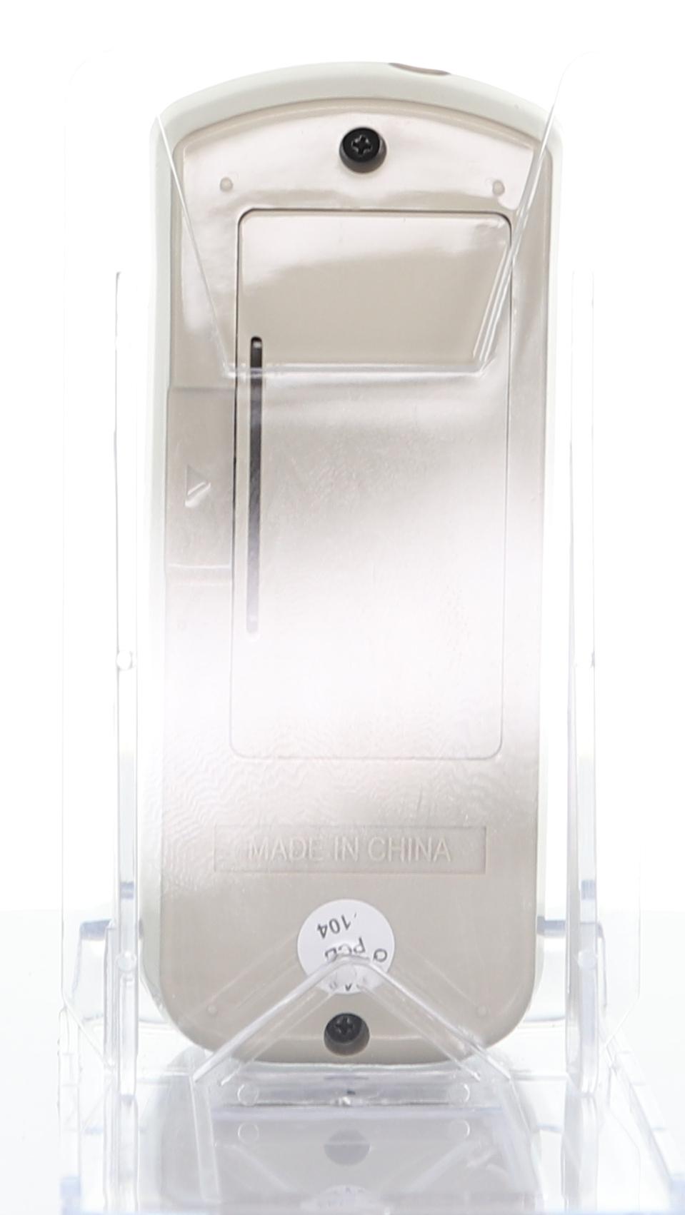 Back view of the GE General Electric WJ26X21700 Air Conditioner Remote Control with battery compartment and "MADE IN CHINA" label, shown on a clear plastic stand.