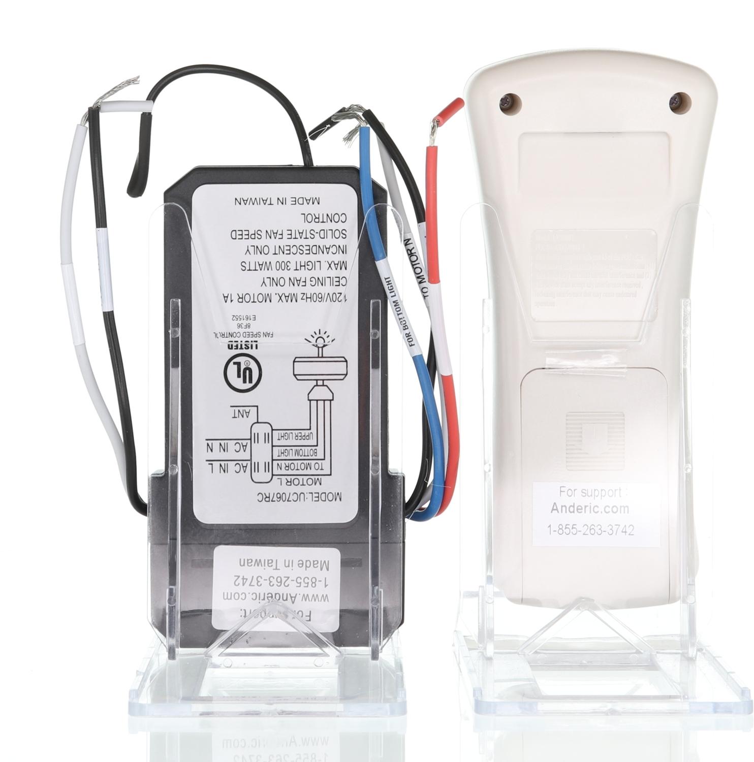 Two electronic devices on stands: a receiver kit with wiring info, and the Anderic RR7080T/UC7067GMRX Remote Control Kit (WindwardIIIKit) for Hampton Bay Windward III ceiling fans, featuring a customer support number on the back.