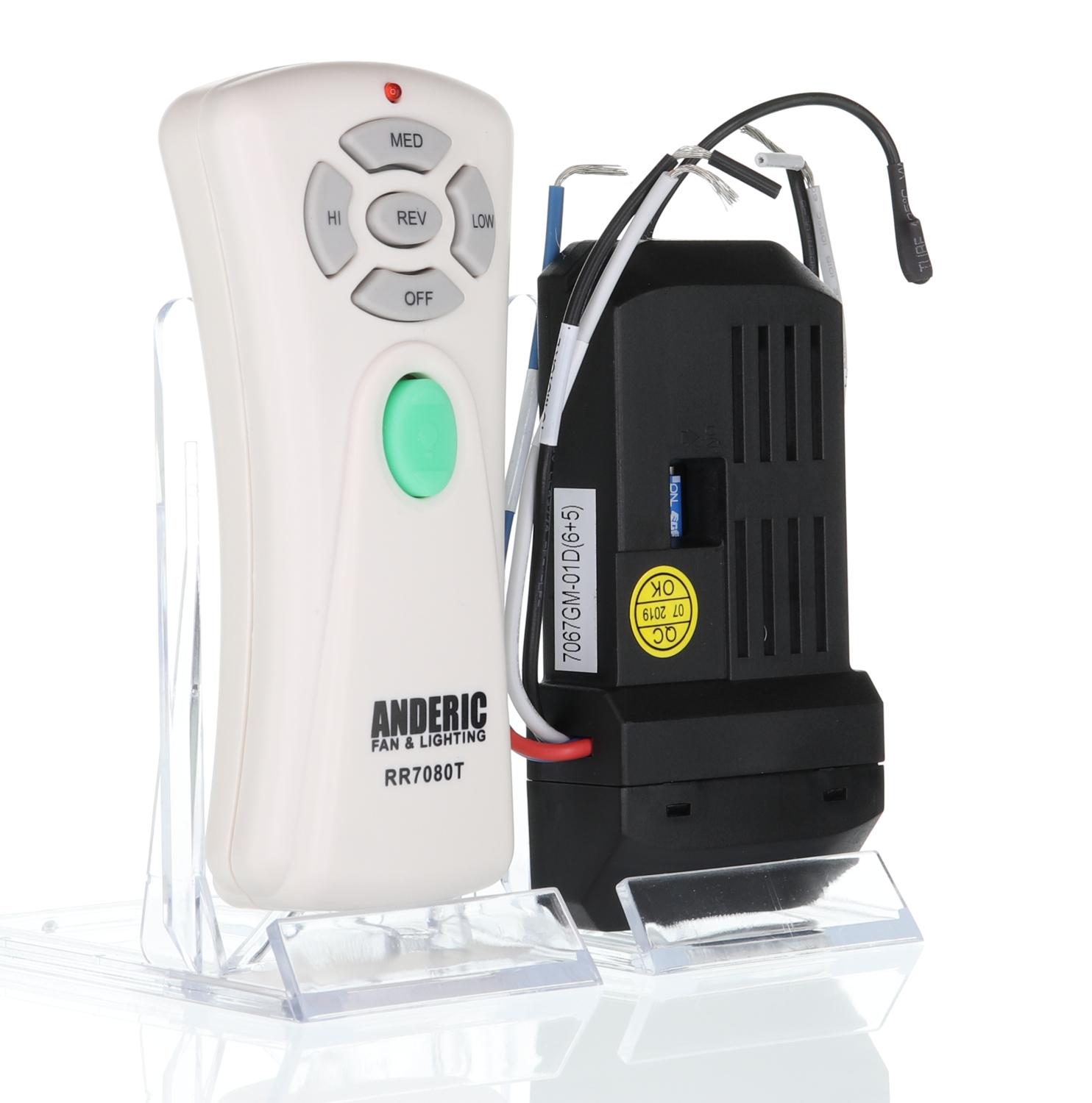 An Anderic RR7080T/UC7067GMRX for Hampton Bay Windward III Ceiling Fan Remote Control Kit (WindwardIIIKit) is displayed upright on clear stands.