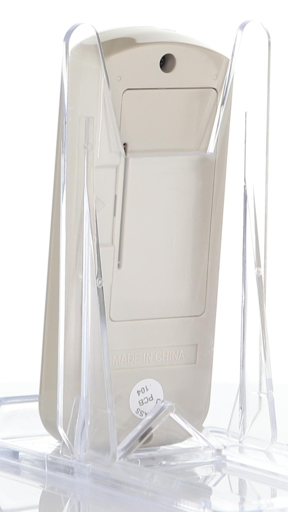 A beige plastic GE General Electric WJ26X21700 Air Conditioner Remote Control, shown upright on a clear stand with "PBC 104" sticker on back and battery compartment—ideal replacement remote.