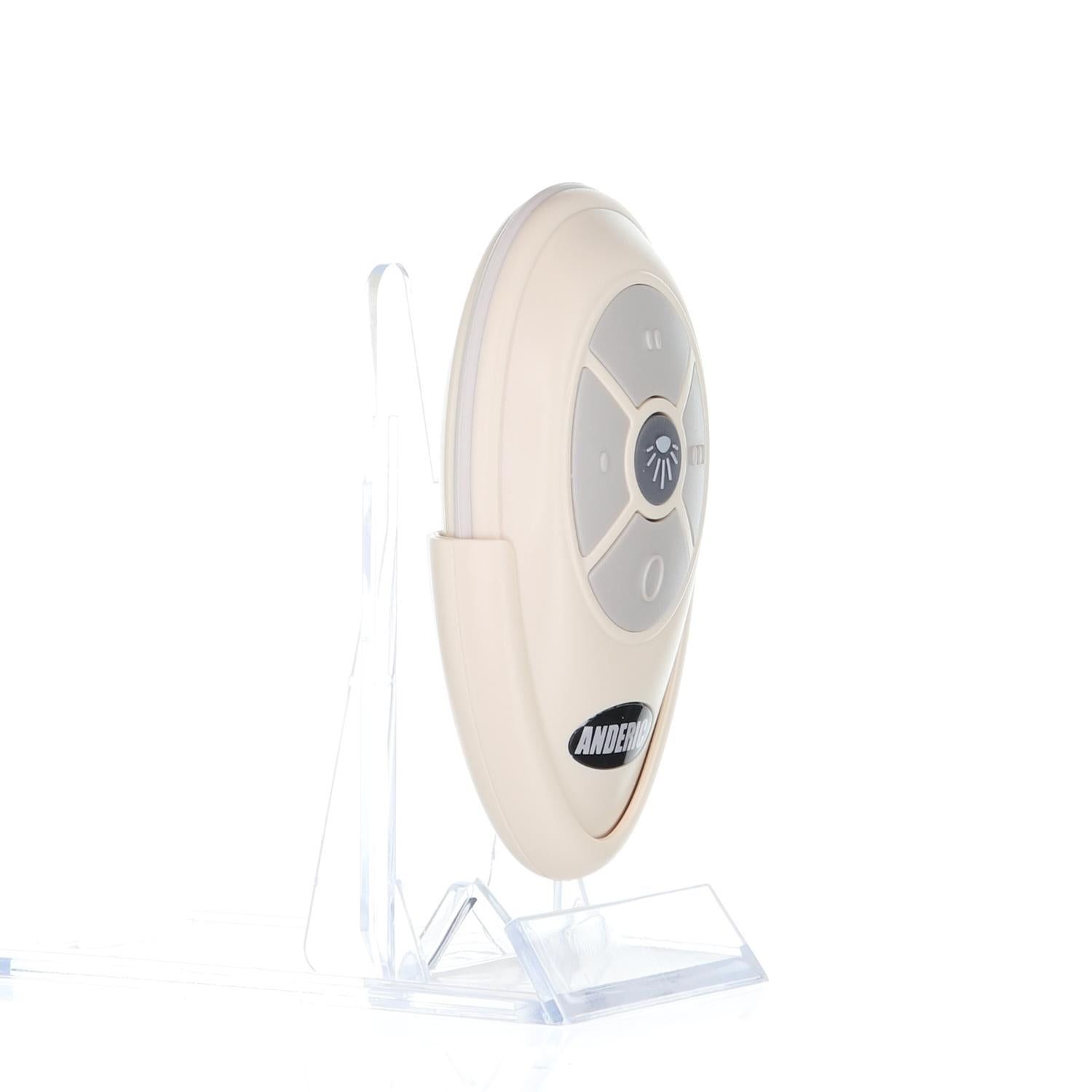 The sleek white handheld device with buttons, elegantly placed on a transparent stand, is ideal for the modern home. It's the Anderic RRTX007 for A25-TX007 Harbor Breeze ceiling fan remote control, proudly branded with "Anden.