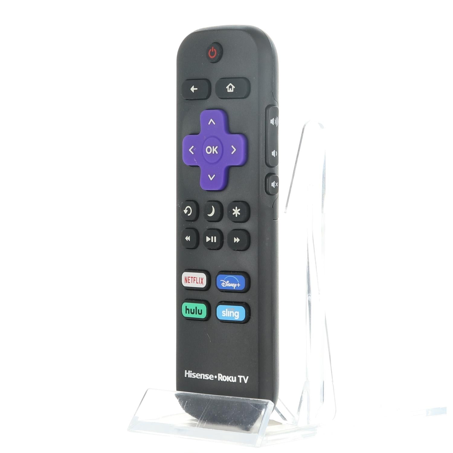The Hisense RCALIR 269767 Remote Control is elegantly displayed on a stand, featuring a vibrant purple directional pad and app buttons for Netflix, Disney+, Hulu, and Sling. Enjoy seamless streaming with this model.