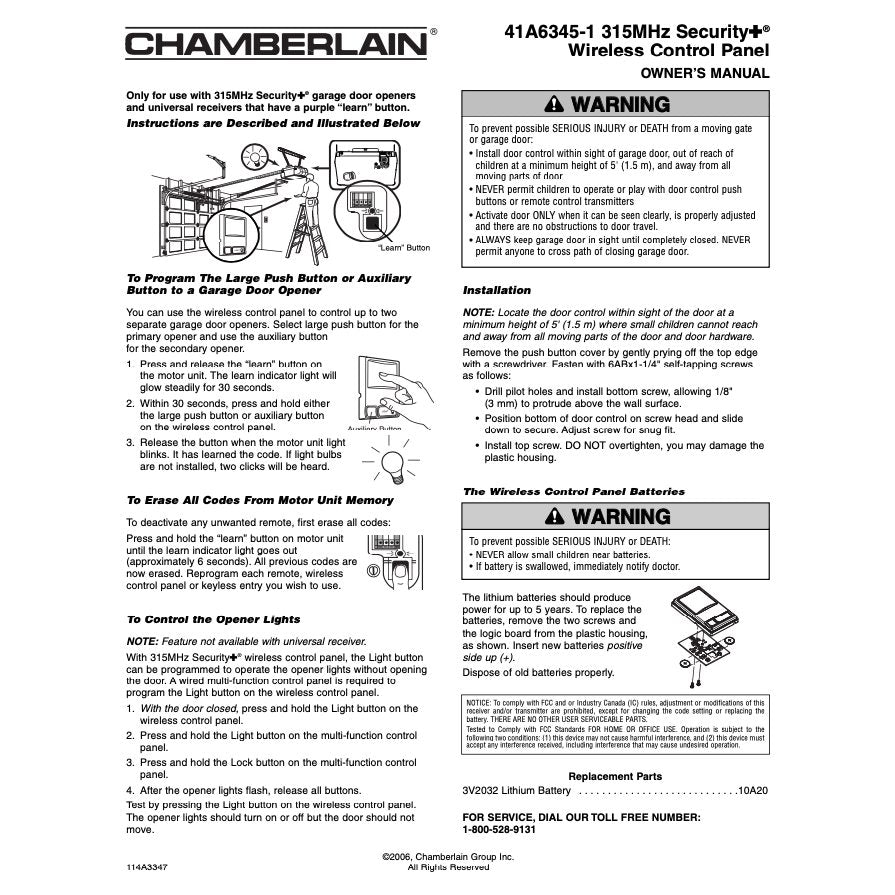 Télécommande murale sans fil Chamberlain 41A6345-1 à 2 boutons pour ouvre-porte de garage 315 MHz