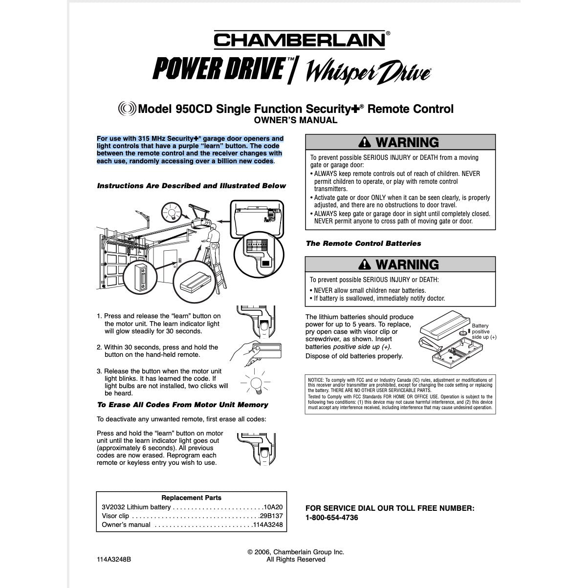Télécommande d'ouvre-porte de garage Chamberlain 950CD 1 bouton Visor 315 MHz