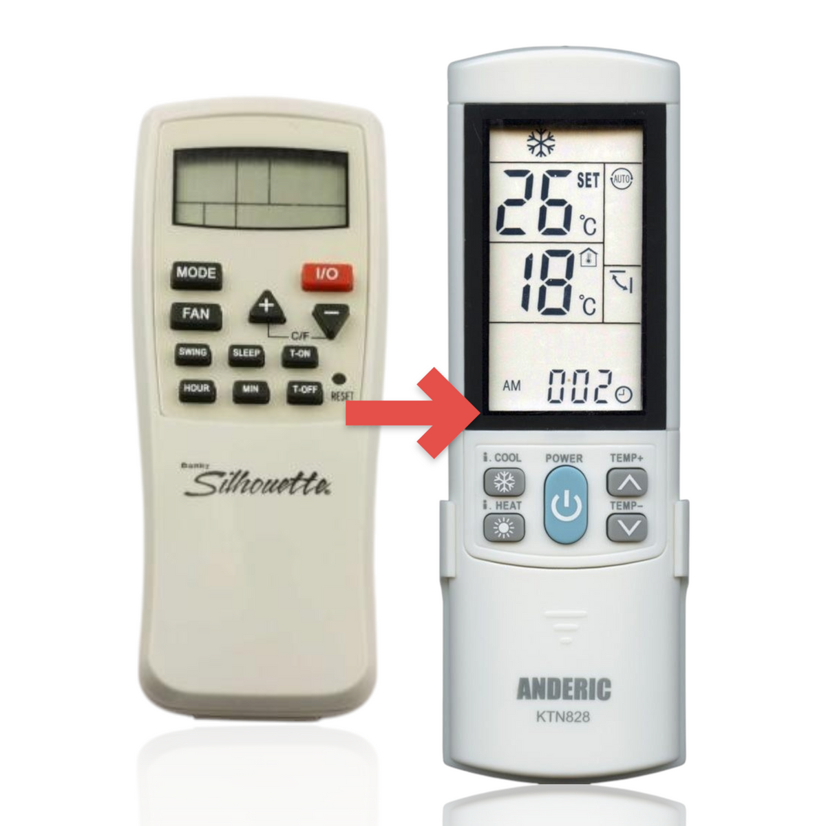 Anderic KTN828 universal air conditioner remote control for Danby Silhouette units with backlit LCD and black buttons