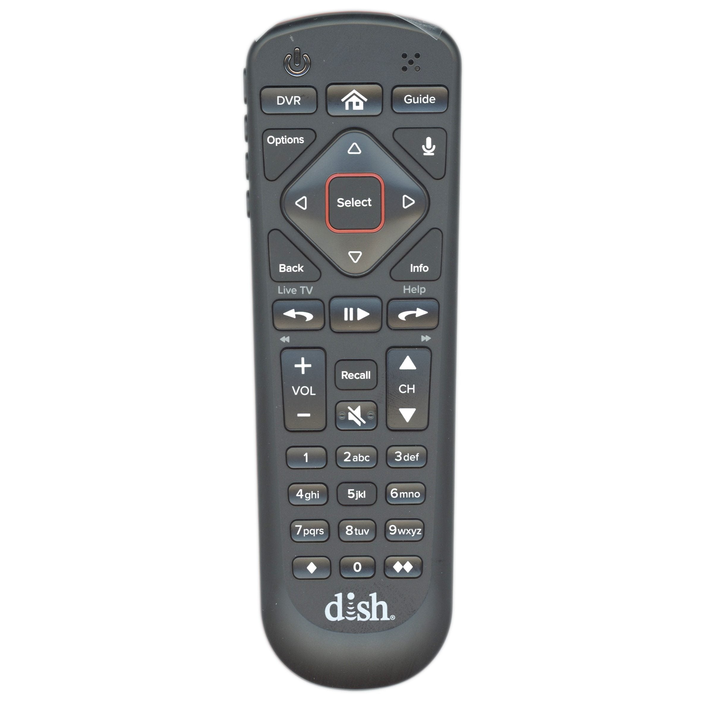 The black Dish-Network 54.0 HOPPER Satellite Remote Control includes power, DVR, guide, volume, channel buttons, numeric keypad, RF/UHF support, and voice command for a seamless viewing experience.