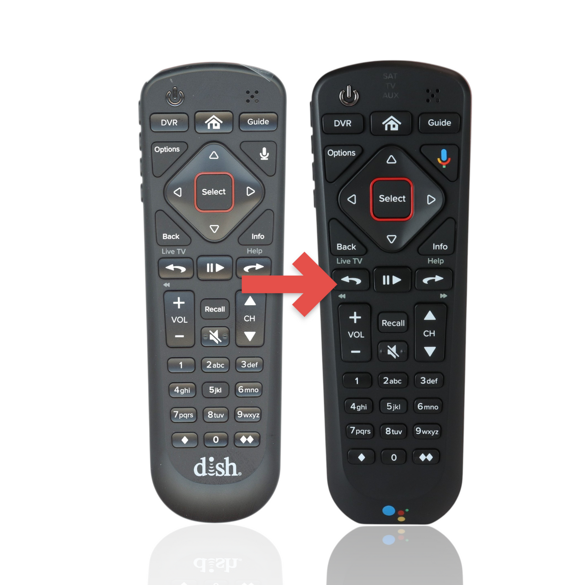 The black Dish-Network 54.0 HOPPER Satellite Remote Control includes power, DVR, guide, volume, channel buttons, numeric keypad, RF/UHF support, and voice command for a seamless viewing experience.