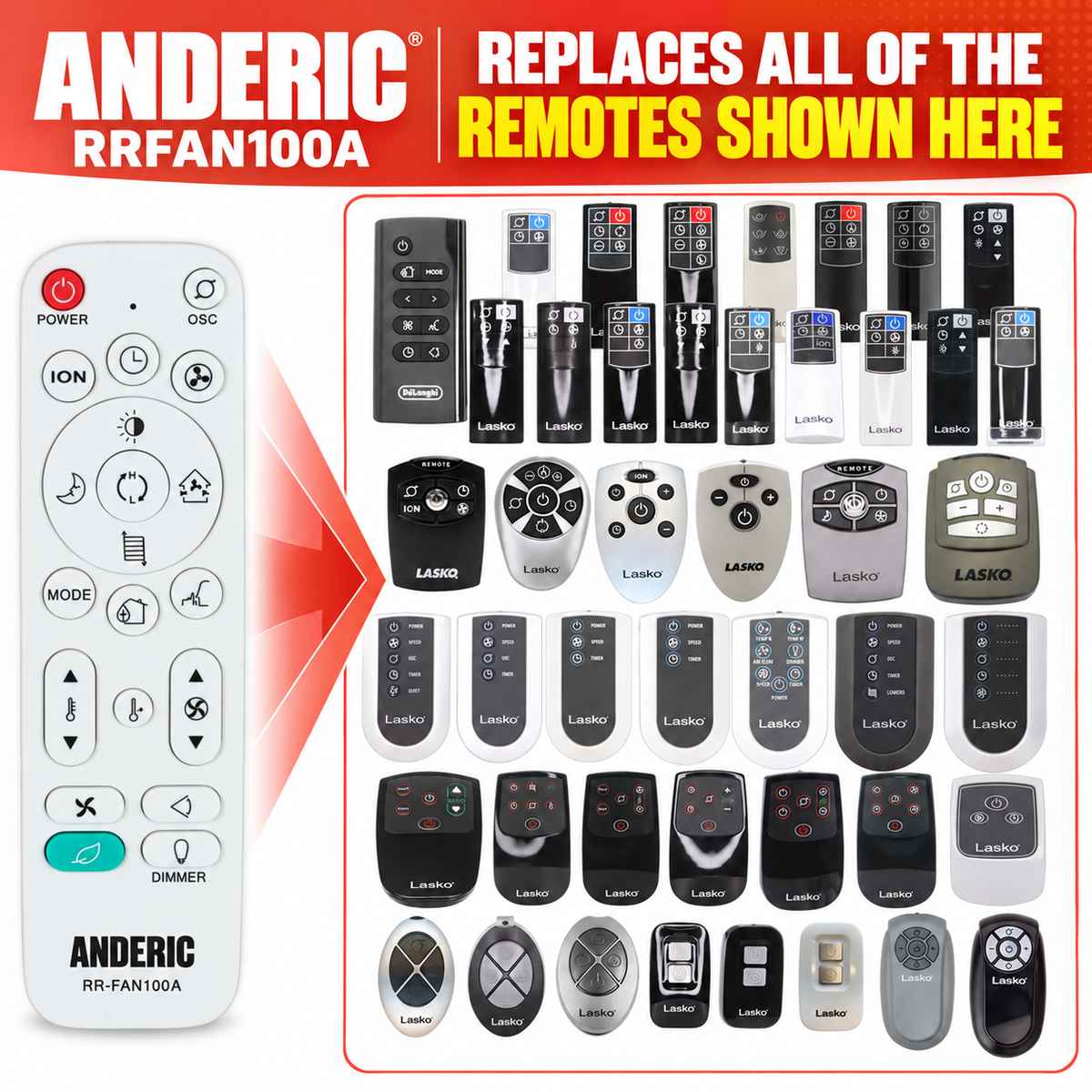 Télécommande universelle pour radiateurs soufflants et ventilateurs sur pied Anderic | Apprentissage | Lasko | DeLonghi - RRFAN100A
