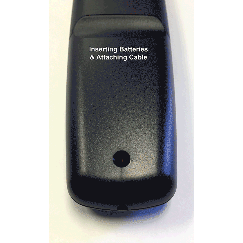 Back view of the Anderic RRHC100 EzWipe Hospitality Universal Remote Control for TV and Cable, DTV, STB with its battery cover on. Instructions read: "Inserting Batteries & Attaching Cable." It features an easy-wipe surface for quick cleaning and simplified control.