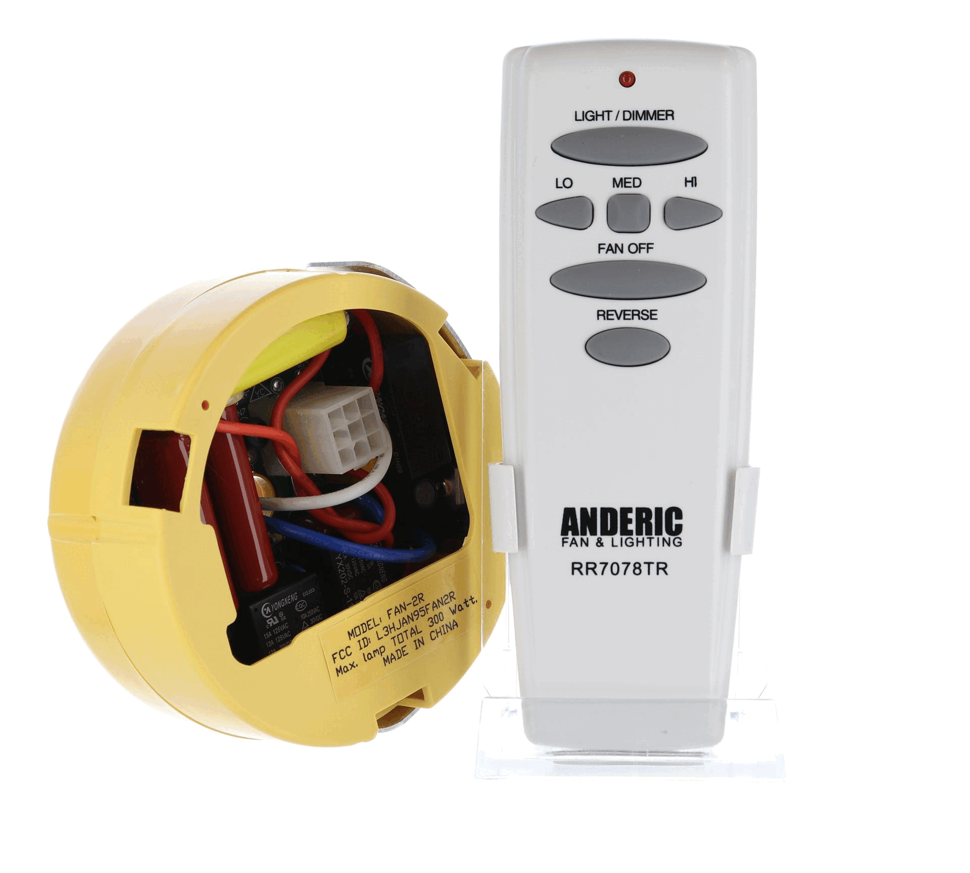 Discover the Anderic FAN2R/RR7078TR, a yellow ceiling fan control system for Hampton Bay/Hunter fans. It includes a remote with buttons for light, three fan speeds, off, and reverse—ideal for effortless home comfort adjustments.