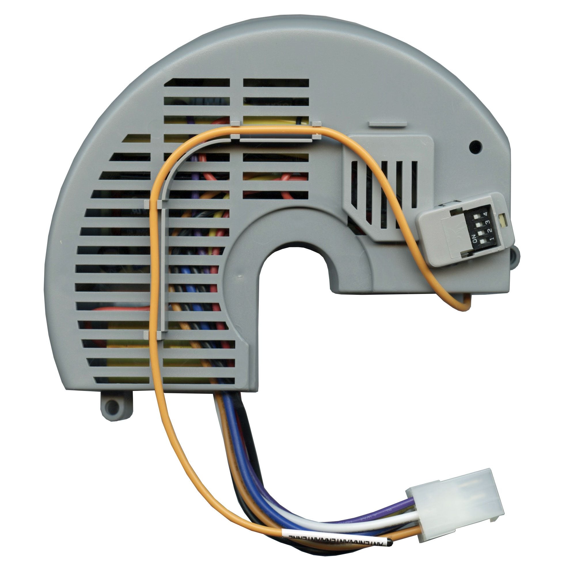 This gray plastic component features vented slots and colored wires leading to a plug. It's the Anderic FAN10R/FAN-10R Replacement Ceiling Fan Receiver, compatible with the Hampton Bay model.