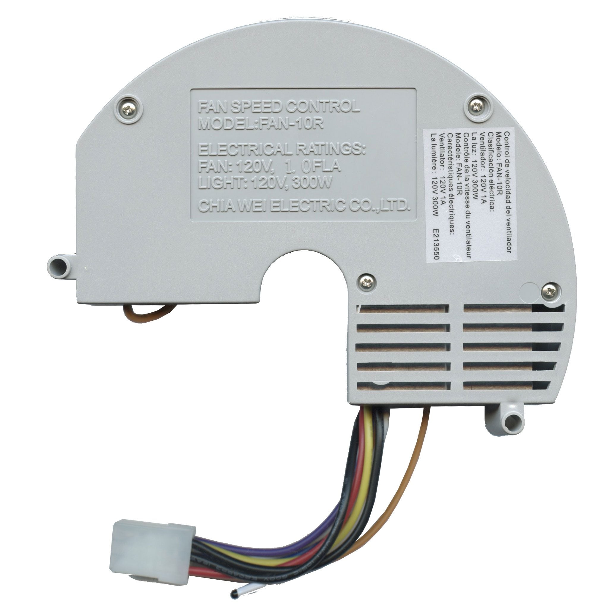 The Anderic FAN10R/FAN-10R is a replacement ceiling fan receiver for Hampton Bay, controlling fan speed and offering Forward/Reverse remote control. It operates at 120V, with specs of 0.8FLA for the fan and 300W for the light.