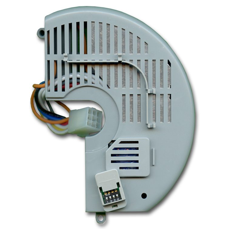 The Anderic FAN10R / FAN-10R is a gray plastic ceiling fan receiver with vents, colored wires, and a white connector. It seamlessly integrates with Hampton Bay systems for forward/reverse remote control functionality.