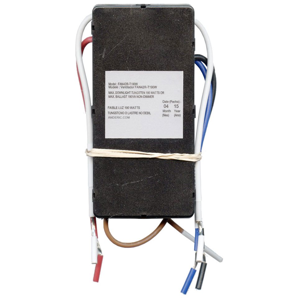 The Anderic FAN42R 315MHz for Harbor Breeze Ceiling Fan Receiver features a rectangular shape with a white label showing model and technical details. It has four color-coded wires extending from the top and bottom, ideal for seamless remote pairing.