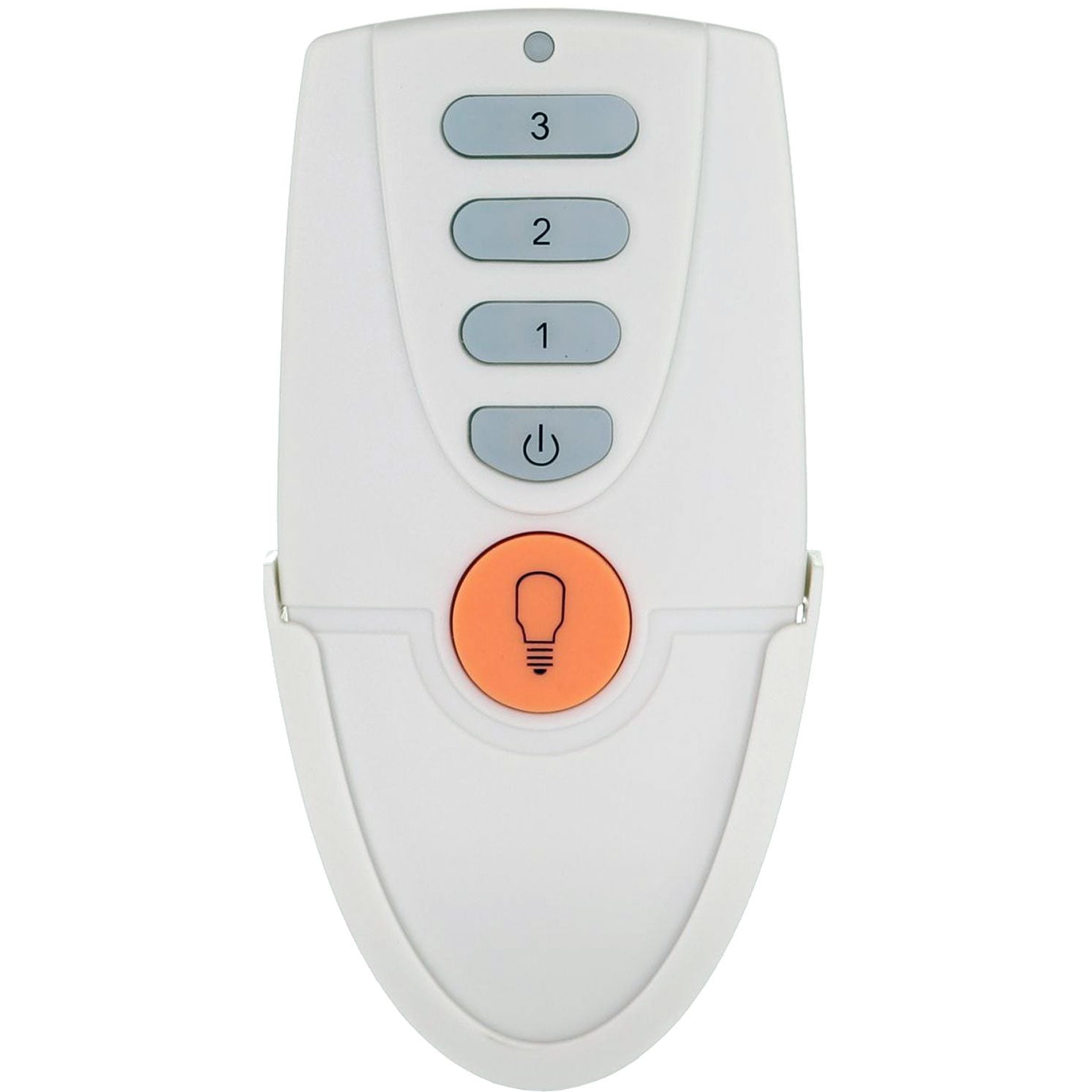 The Anderic FAN51TW White is a handheld ceiling fan remote for Hampton Bay, featuring five buttons: three numbered (3, 2, 1), a power symbol, and an orange light bulb icon.