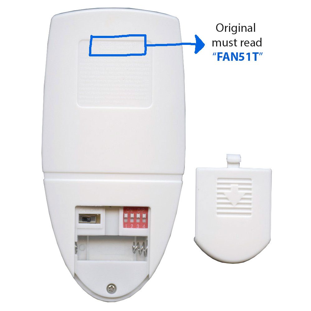 The back of an Anderic FAN51TW remote, with the battery compartment open and cover beside it, shows a label area indicating "Original must read 'FAN51T'," ensuring seamless compatibility with Hampton Bay ceiling fans.