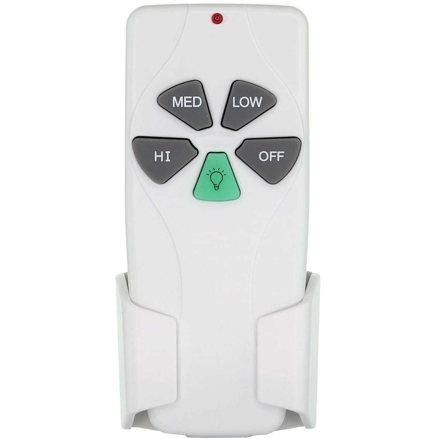 A white Anderic CHQ7030T FAN53T remote for Harbor Breeze ceiling fans, featuring HI, MED, LOW, OFF buttons and a green light bulb icon, is placed in a wall-mounted holder for convenient control.