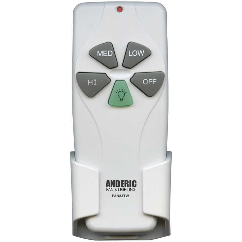 The Anderic CHQ7030T FAN53T white remote for Harbor Breeze ceiling fans features MED, LOW, HI, OFF buttons and a light icon. Shown in its wall holder. Compatible with Harbor Breeze remotes.