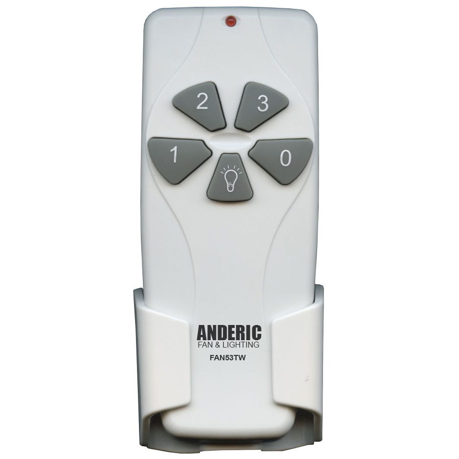 The Anderic CHQ7030T FAN53T White ceiling fan remote for Harbor Breeze features gray buttons labeled 0, 1, 2, 3, and a light bulb icon, and comes with a wall-mounted holder—perfect as a Harbor Breeze remote replacement.