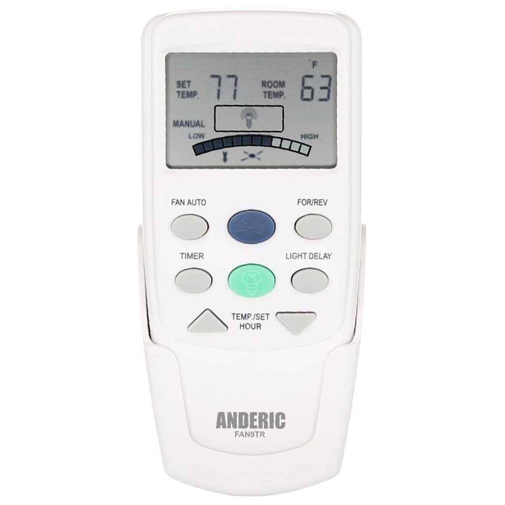 The white Anderic FAN-9T ceiling fan remote, officially known as the Anderic FAN9T/REV Thermostatic without Dimming for Hampton Bay Ceiling Fan Remote Control, includes a display for temperatures and buttons for fan modes, timer, light control, and reverse operation.