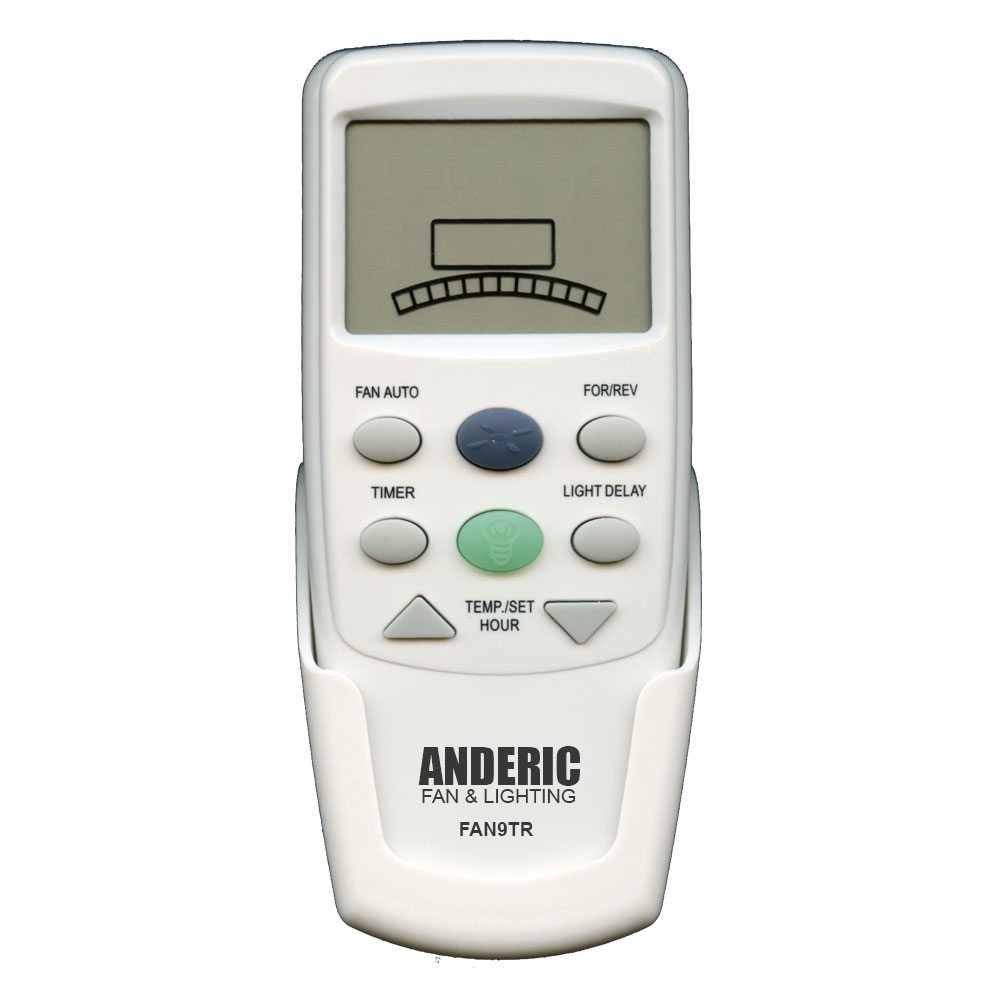 The white Anderic FAN9T/REV remote for Hampton Bay ceiling fans offers fan speed, timer, light delay, and temperature settings with a thermostatic design. It allows precise adjustments and includes a reverse operation function for enhanced comfort.