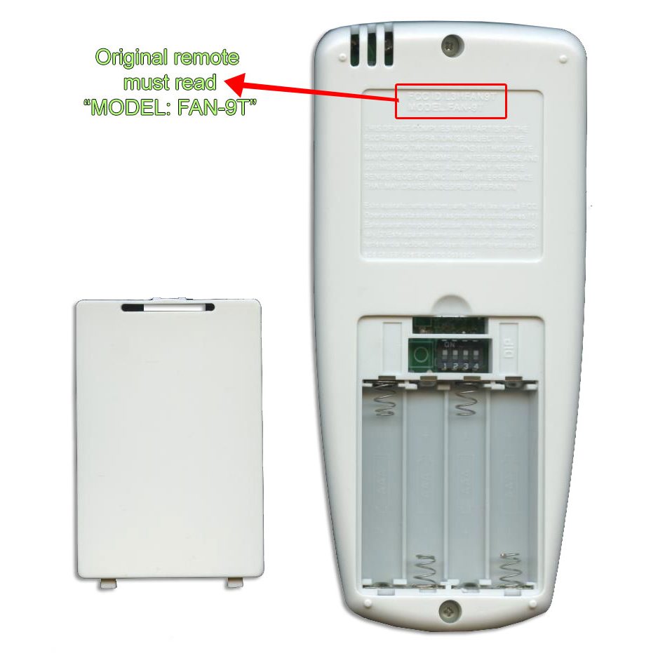 The rear of the Anderic FAN9T/REV Thermostatic remote control, with its battery cover off, shows the "MODEL: Anderic FAN-9T" label necessary for Hampton Bay Ceiling Fan compatibility.