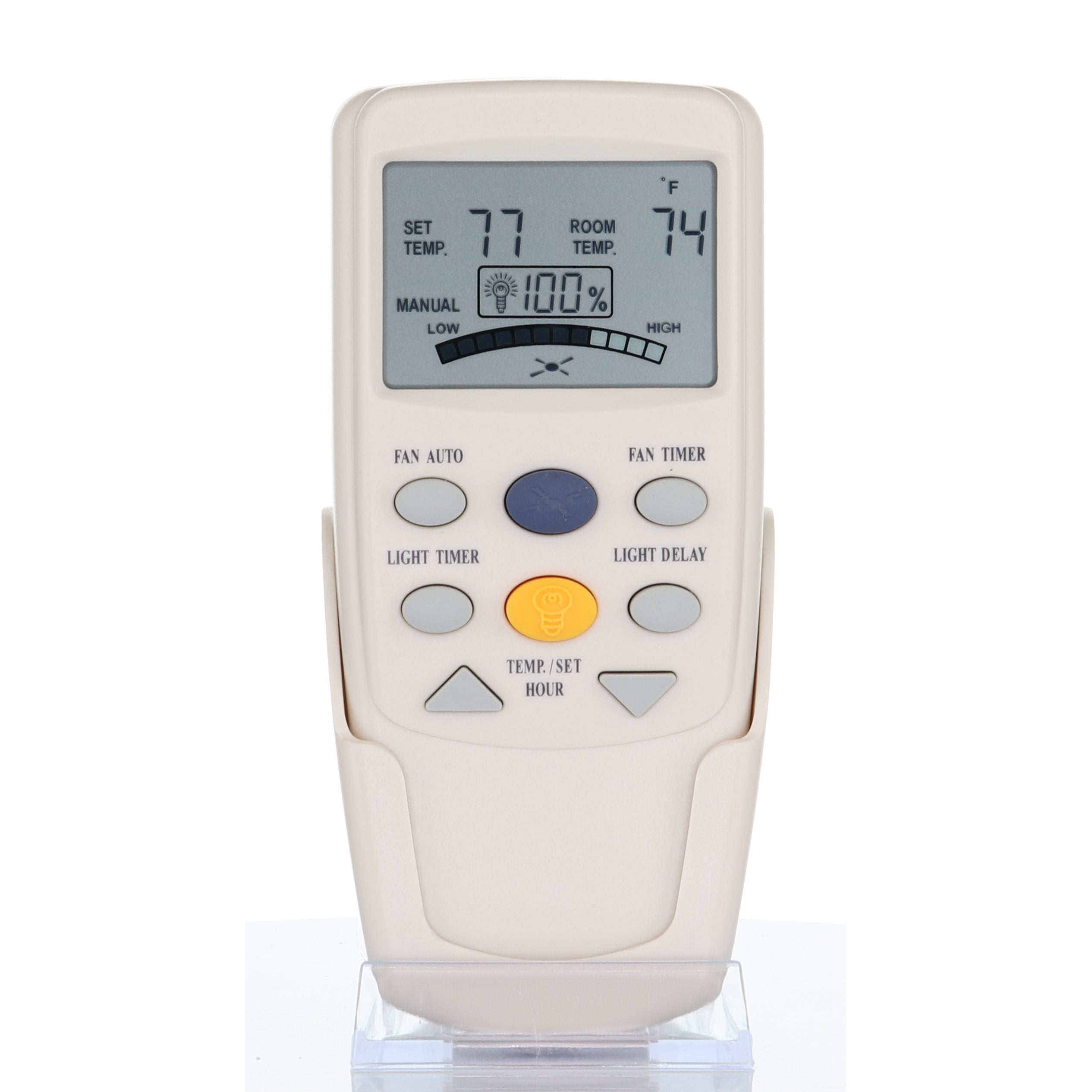 The ANDERIC FAN9T timer thermostatic remote control for Hampton Bay ceiling fans is beige and has a display indicating a set temperature of 77°F, room temperature at 74°F, battery level, fan options, and buttons for fan/light timers and temperature adjustments.